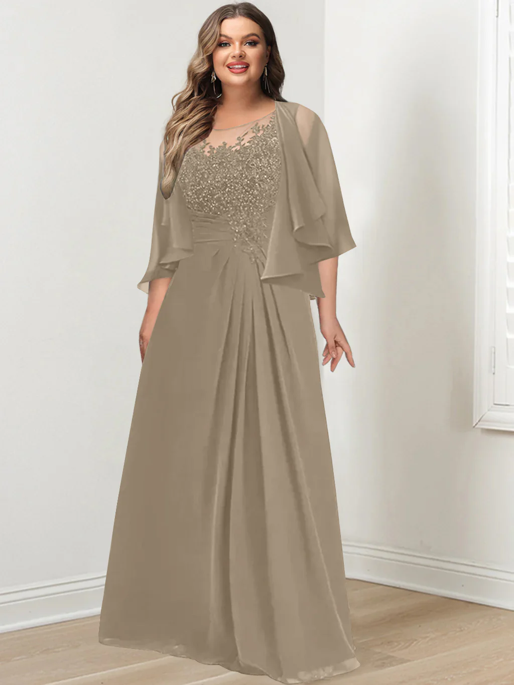 A-Line/Princess Scoop Floor-Length Plus Size Mother of the Bride Dresses with Pleated & Sequins - Image 22
