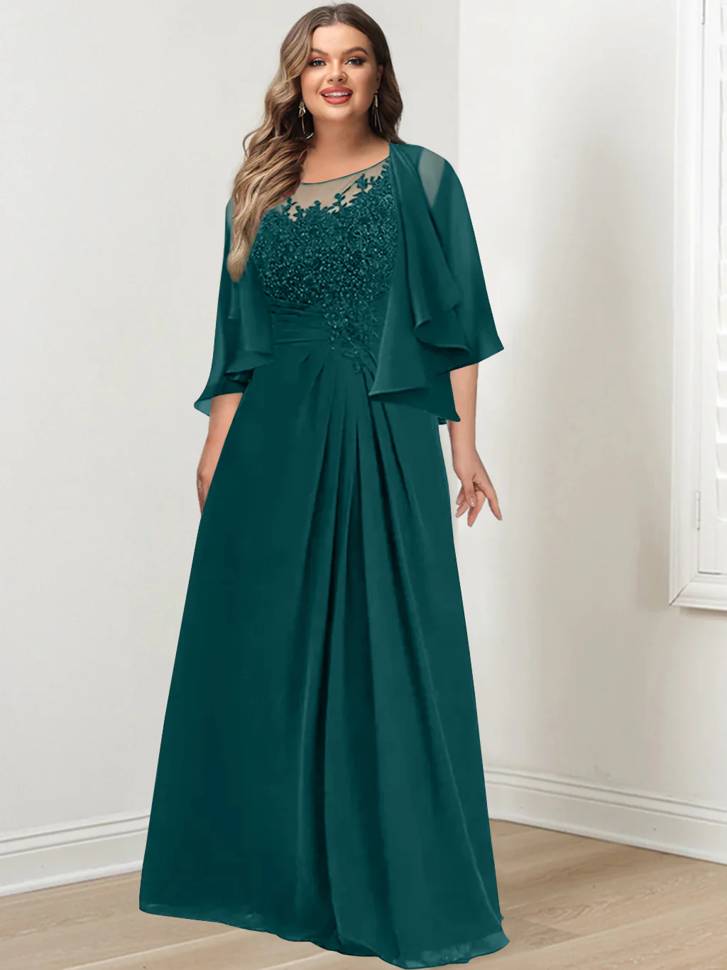 A-Line/Princess Scoop Floor-Length Plus Size Mother of the Bride Dresses with Pleated & Sequins - Image 42