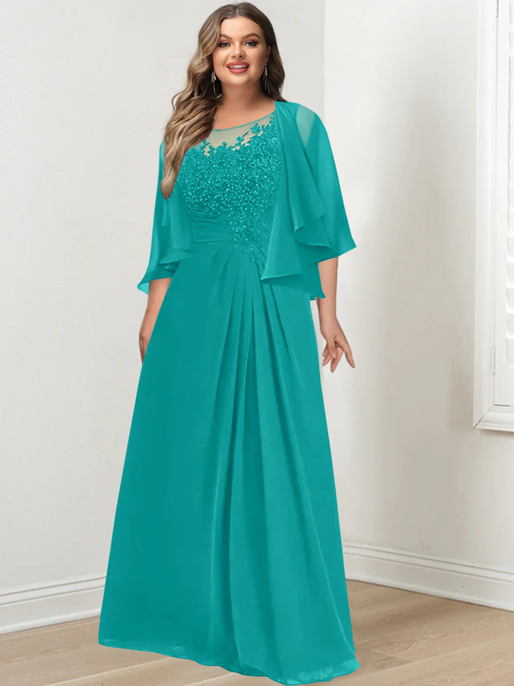 A-Line/Princess Scoop Floor-Length Plus Size Mother of the Bride Dresses with Pleated & Sequins - Image 54