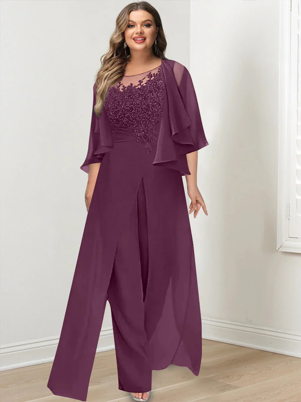 A-Line/Princess Scoop Floor-Length Plus Size Mother of the Bride Jumpsuits with Jacket, Split Side & Appliques - Image 21