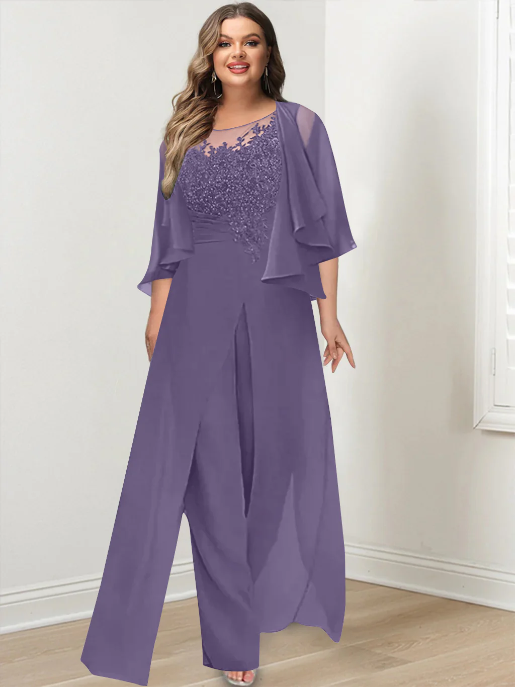 A-Line/Princess Scoop Floor-Length Plus Size Mother of the Bride Jumpsuits with Jacket, Split Side & Appliques - Image 39