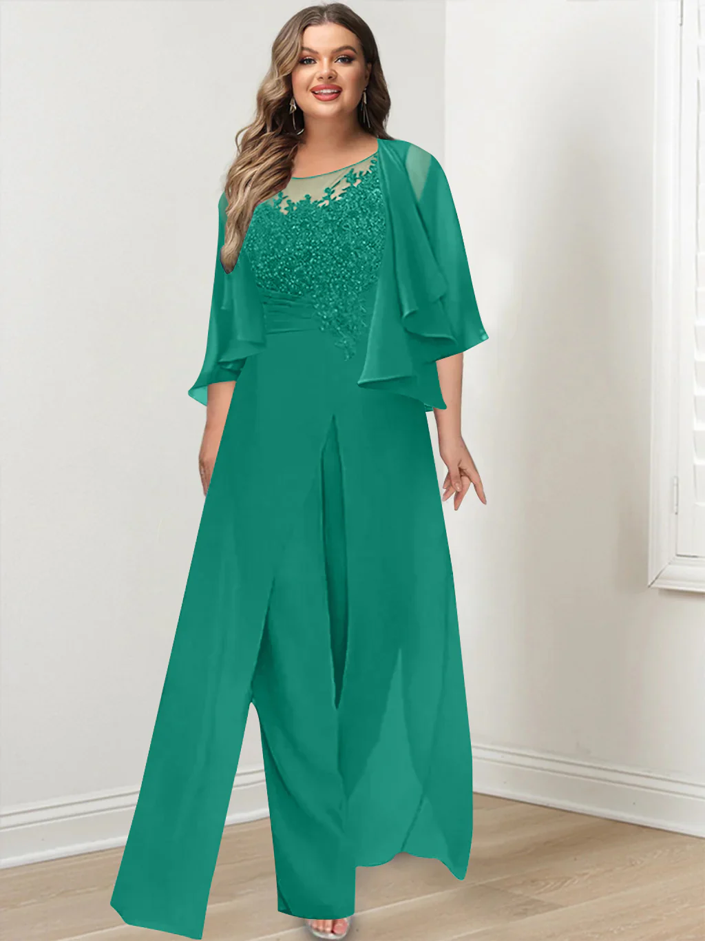 A-Line/Princess Scoop Floor-Length Plus Size Mother of the Bride Jumpsuits with Jacket, Split Side & Appliques - Image 47