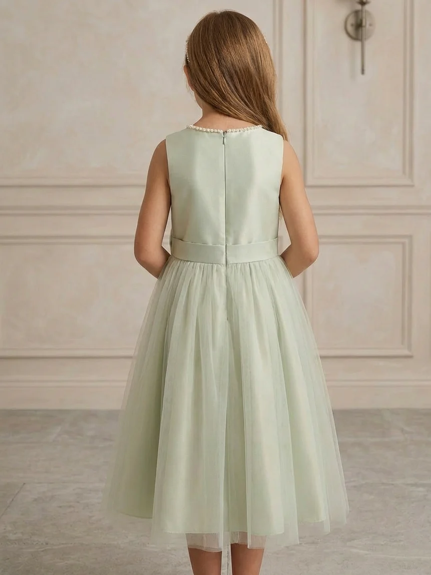 A-Line/Princess Scoop Flower Girl Dresses with Bowknot Tulle Tea Length Sleeveless - Image 2