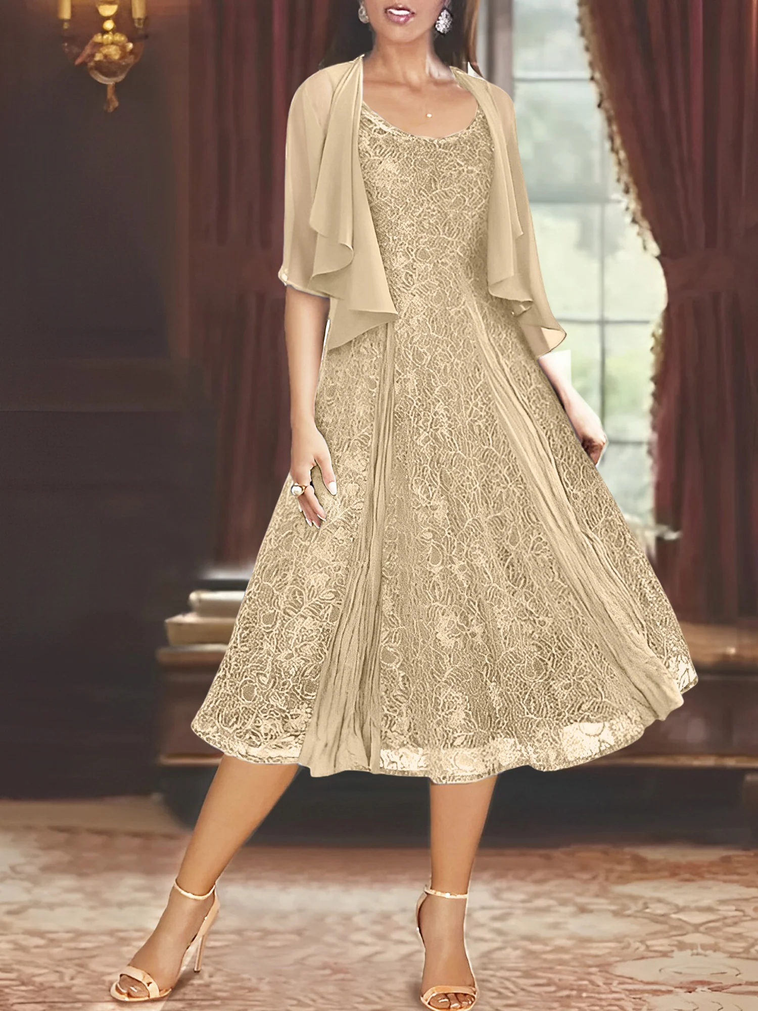 A-Line/Princess Scoop Half Sleeves Tea-Length Mother of the Bride Dresses with Appliques & Wrap - Image 10
