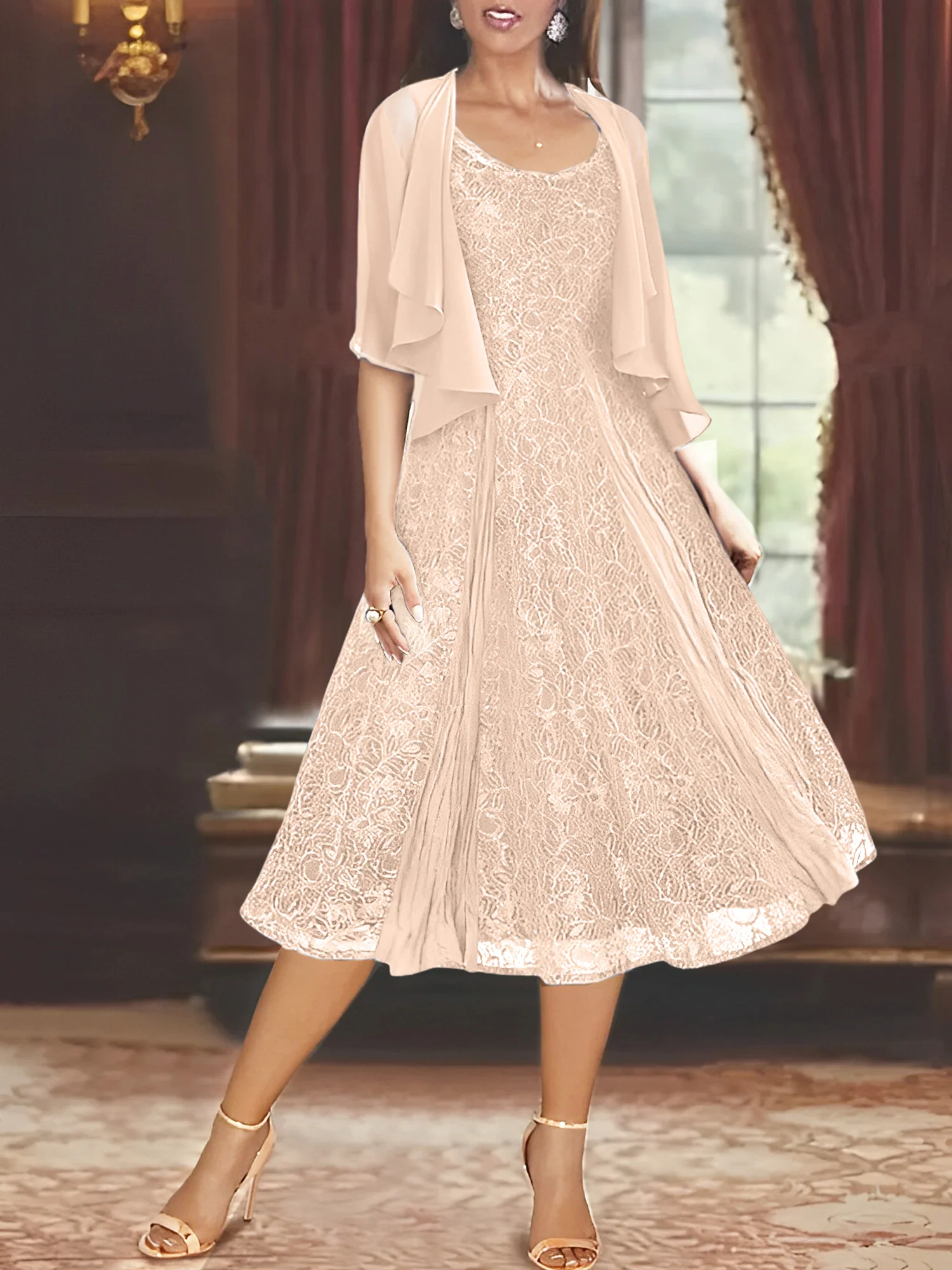 A-Line/Princess Scoop Half Sleeves Tea-Length Mother of the Bride Dresses with Appliques & Wrap - Image 11
