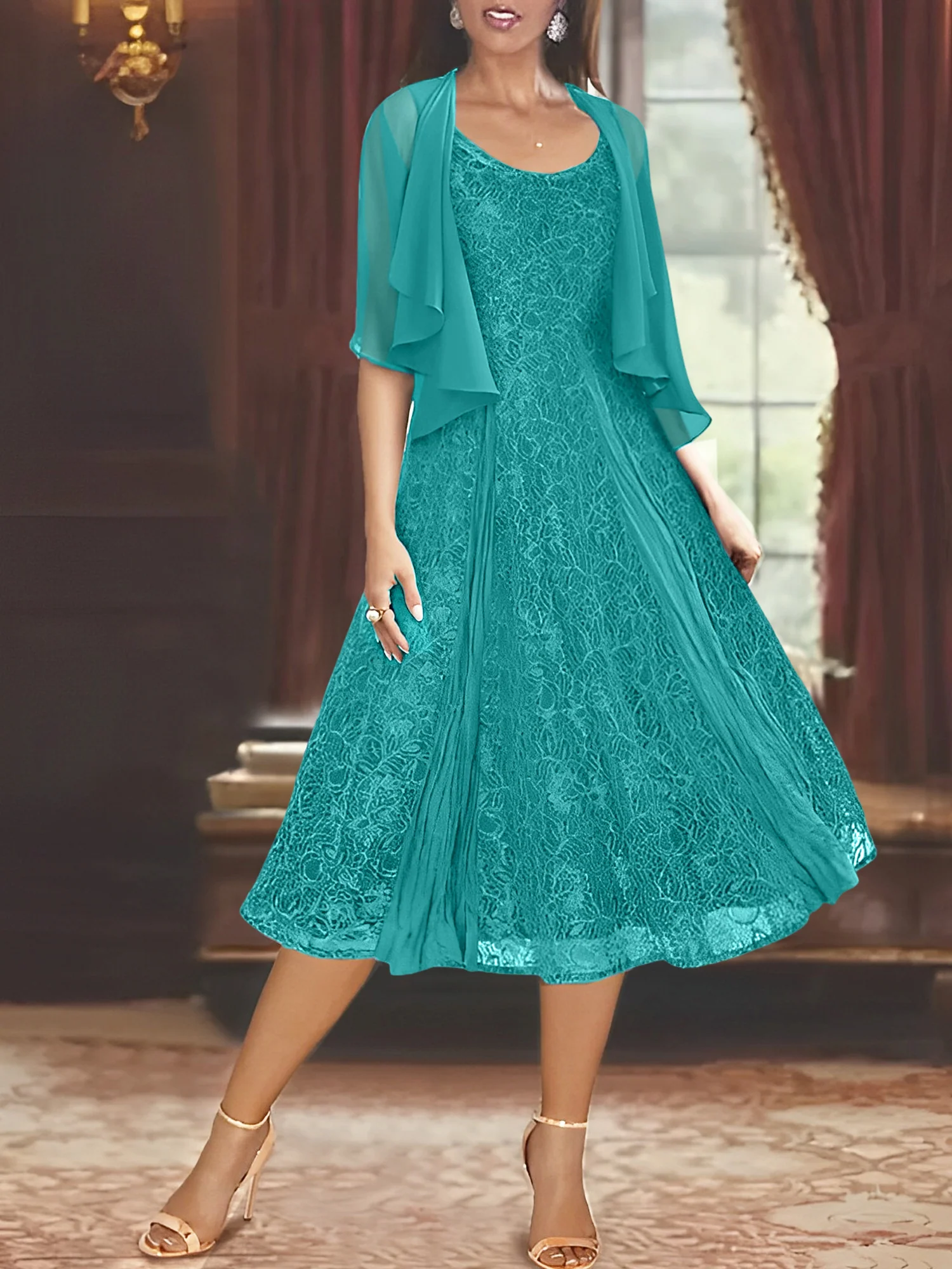 A-Line/Princess Scoop Half Sleeves Tea-Length Mother of the Bride Dresses with Appliques & Wrap - Image 14