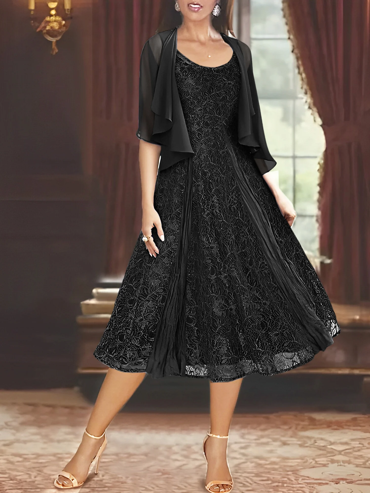 A-Line/Princess Scoop Half Sleeves Tea-Length Mother of the Bride Dresses with Appliques & Wrap - Image 15