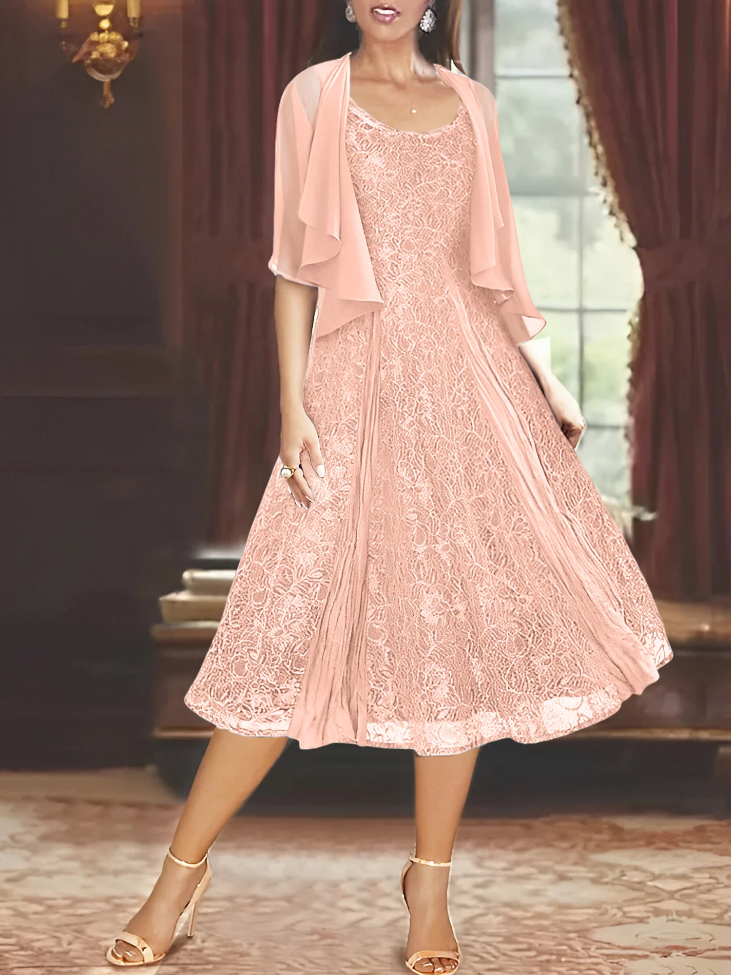 A-Line/Princess Scoop Half Sleeves Tea-Length Mother of the Bride Dresses with Appliques & Wrap - Image 16