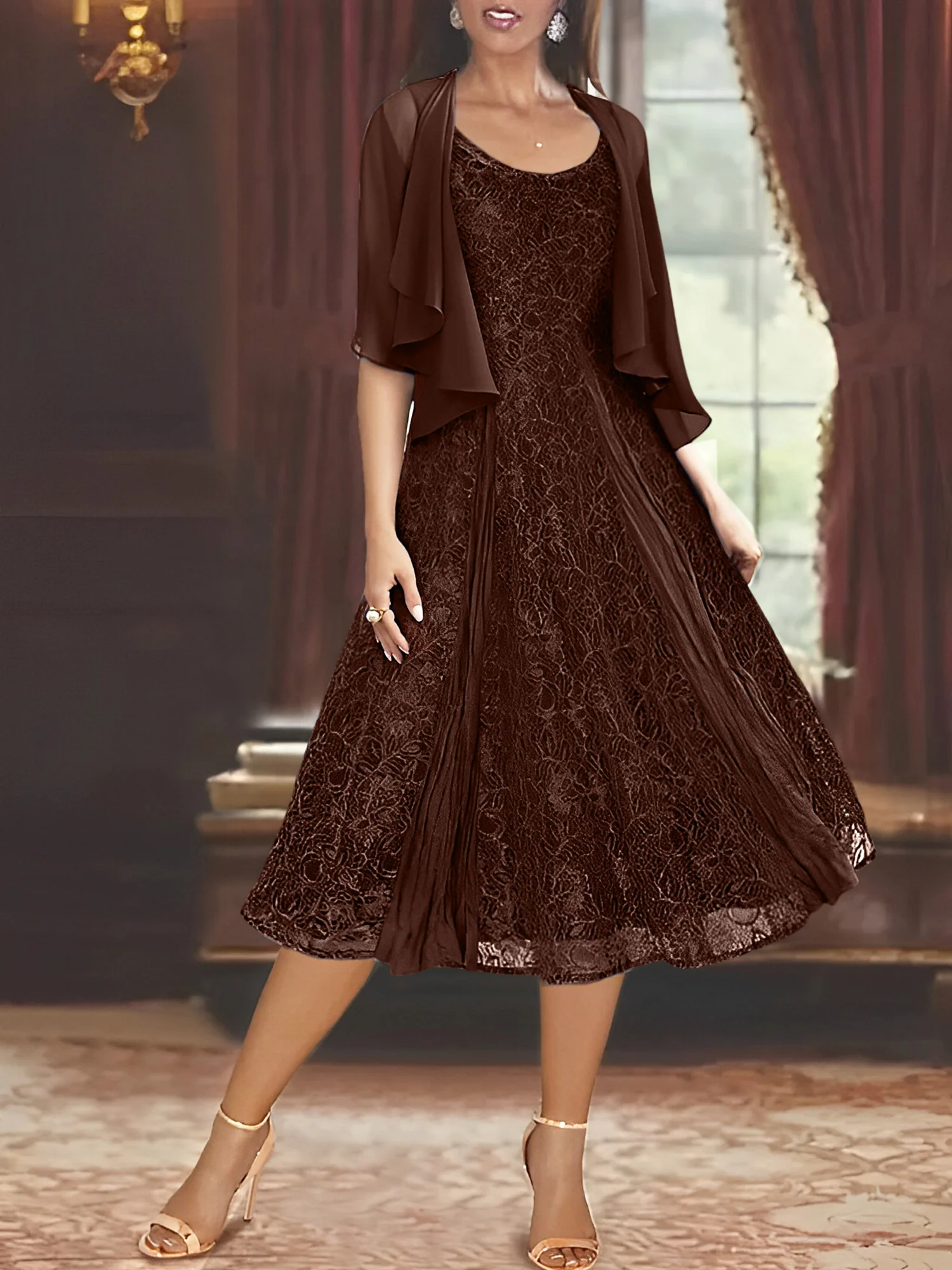 A-Line/Princess Scoop Half Sleeves Tea-Length Mother of the Bride Dresses with Appliques & Wrap - Image 17