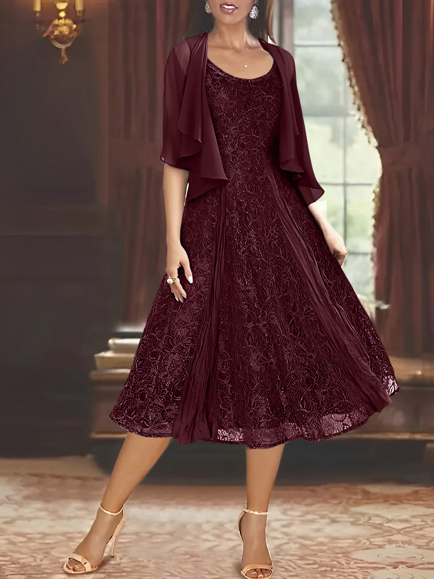 A-Line/Princess Scoop Half Sleeves Tea-Length Mother of the Bride Dresses with Appliques & Wrap - Image 18
