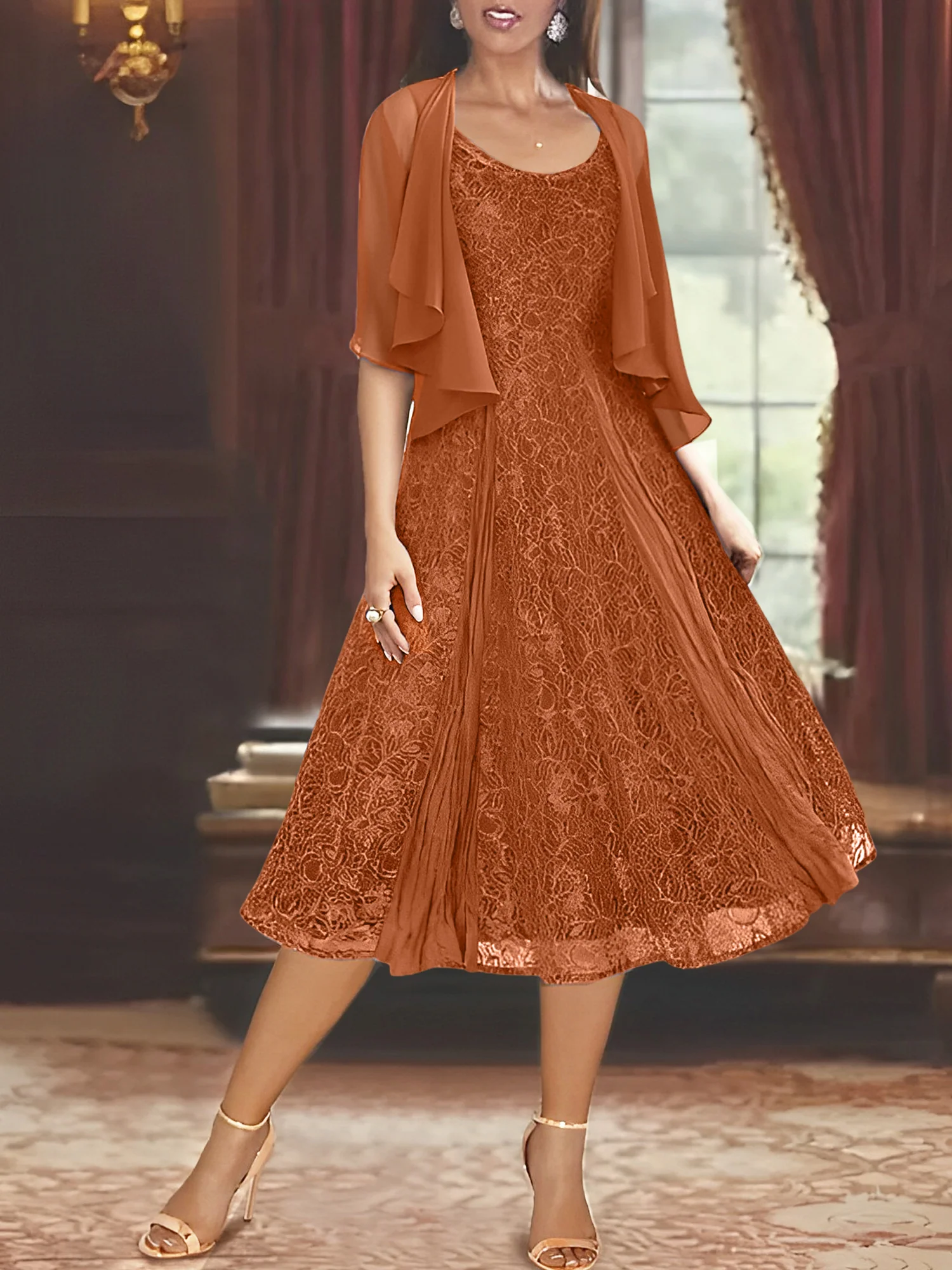 A-Line/Princess Scoop Half Sleeves Tea-Length Mother of the Bride Dresses with Appliques & Wrap - Image 19