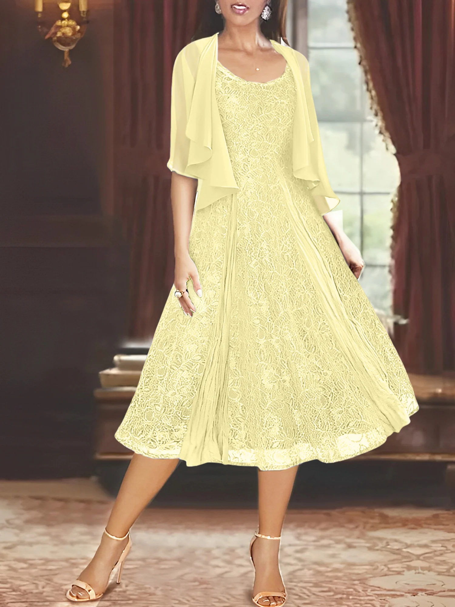 A-Line/Princess Scoop Half Sleeves Tea-Length Mother of the Bride Dresses with Appliques & Wrap - Image 20