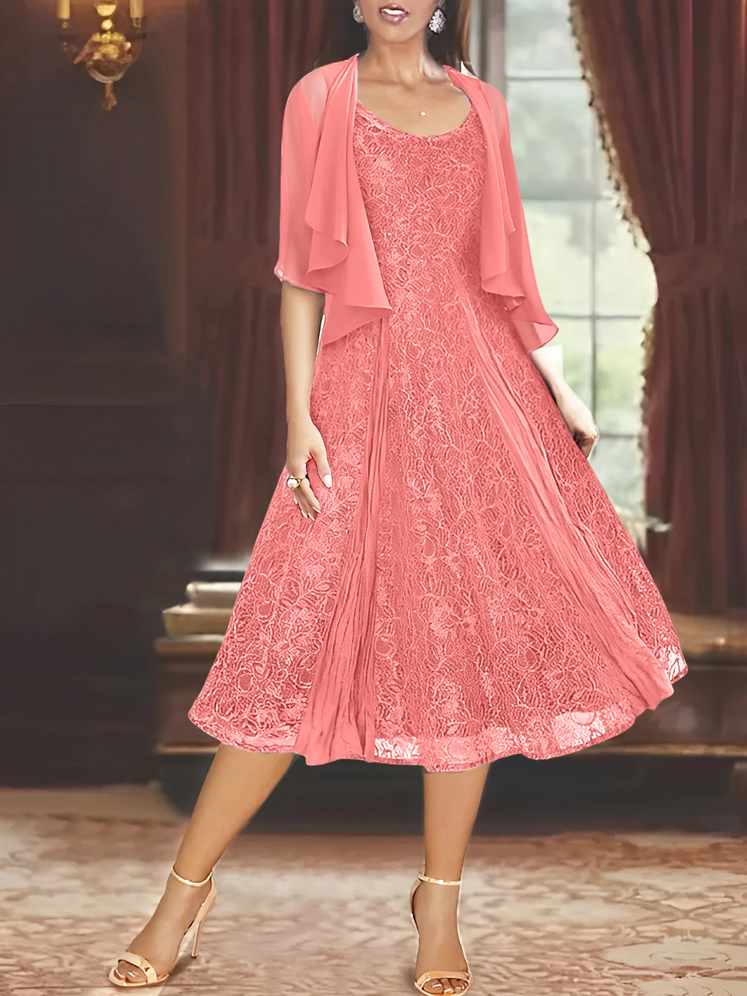 A-Line/Princess Scoop Half Sleeves Tea-Length Mother of the Bride Dresses with Appliques & Wrap - Image 21
