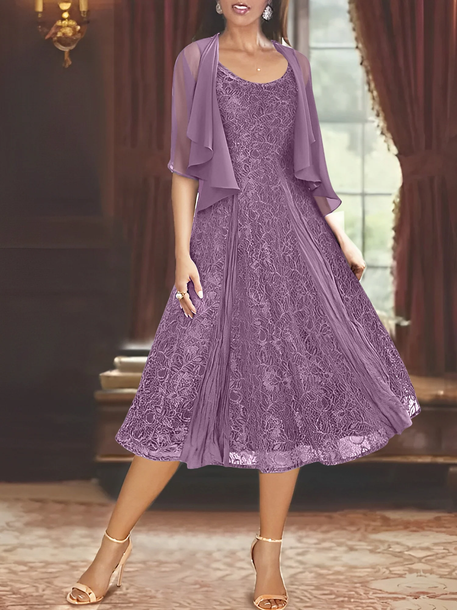 A-Line/Princess Scoop Half Sleeves Tea-Length Mother of the Bride Dresses with Appliques & Wrap - Image 25