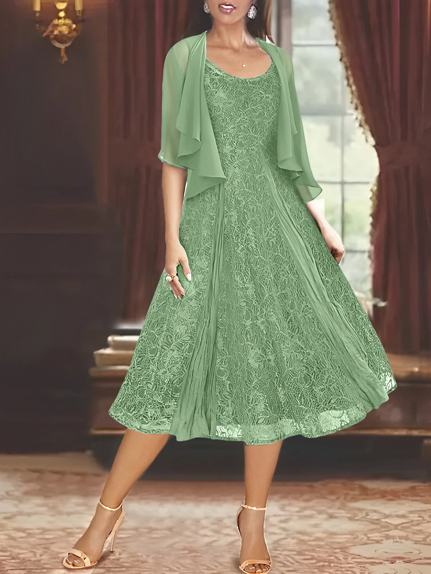 A-Line/Princess Scoop Half Sleeves Tea-Length Mother of the Bride Dresses with Appliques & Wrap - Image 27