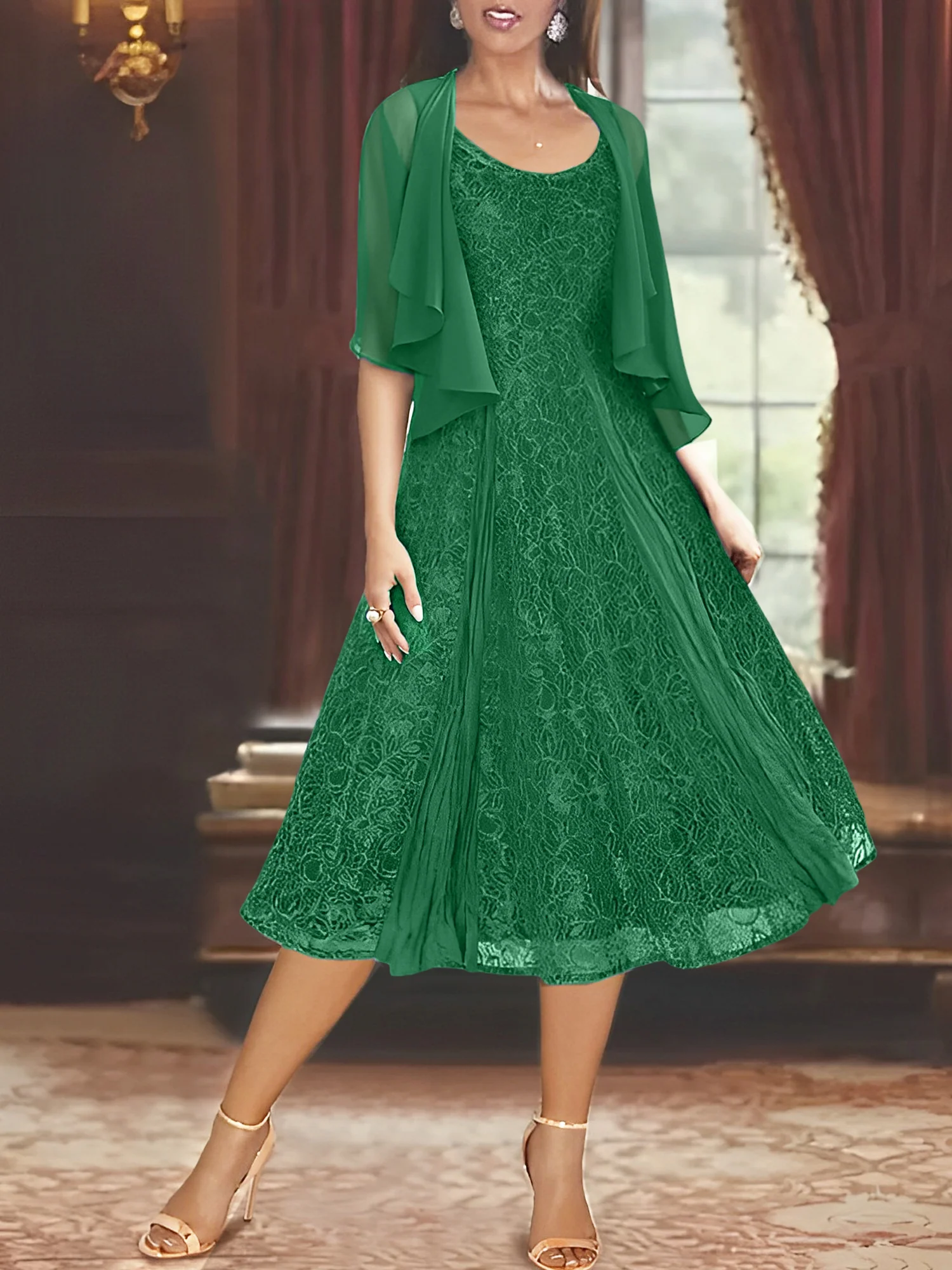 A-Line/Princess Scoop Half Sleeves Tea-Length Mother of the Bride Dresses with Appliques & Wrap - Image 28