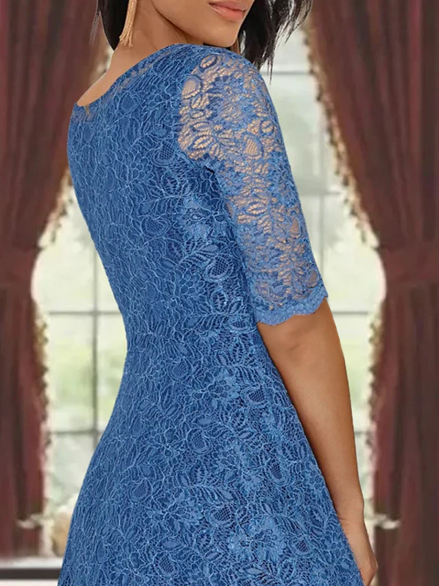 A-Line/Princess Scoop Half Sleeves Tea-Length Mother of the Bride Dresses with Appliques & Wrap - Image 3