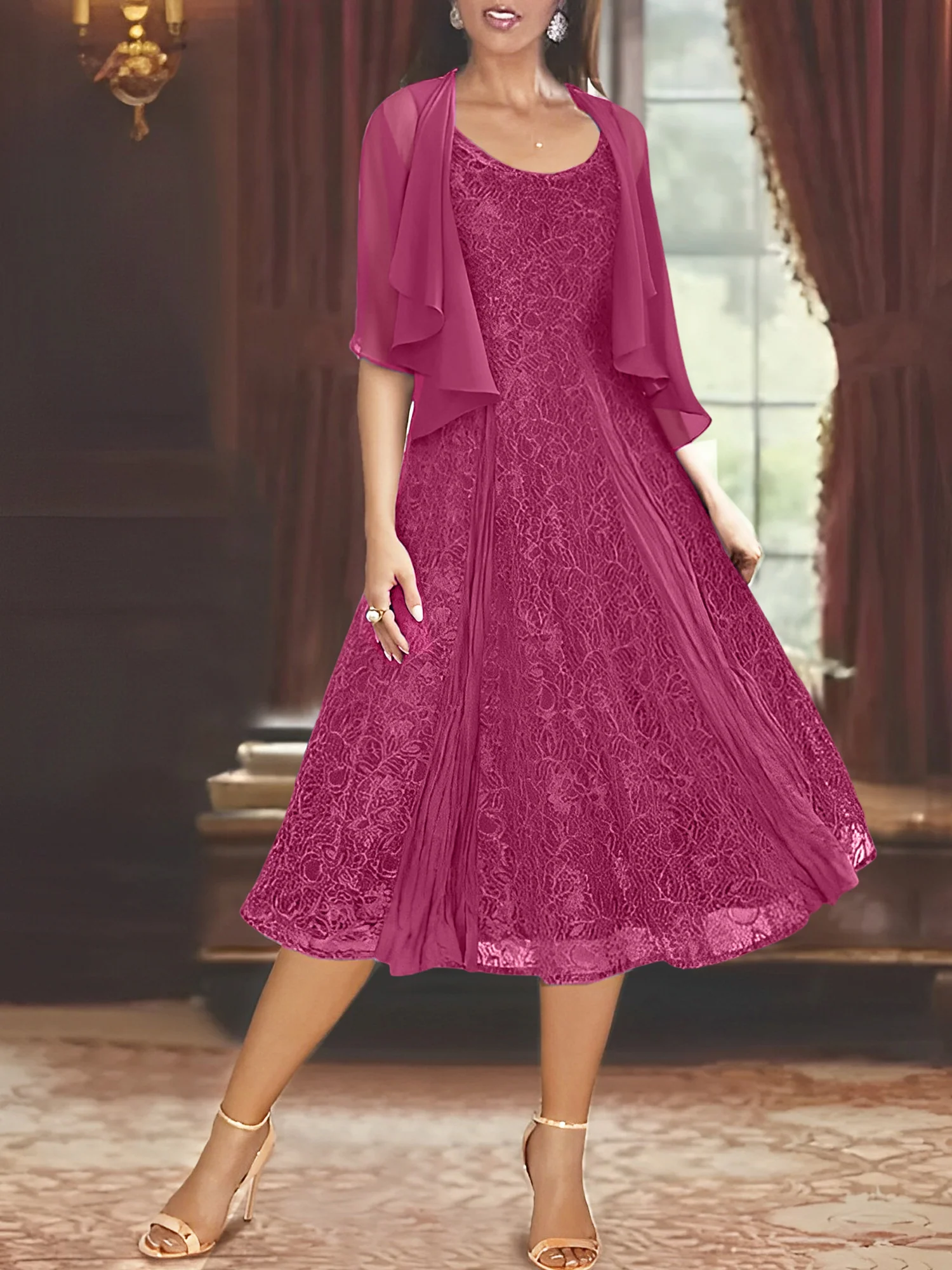 A-Line/Princess Scoop Half Sleeves Tea-Length Mother of the Bride Dresses with Appliques & Wrap - Image 30