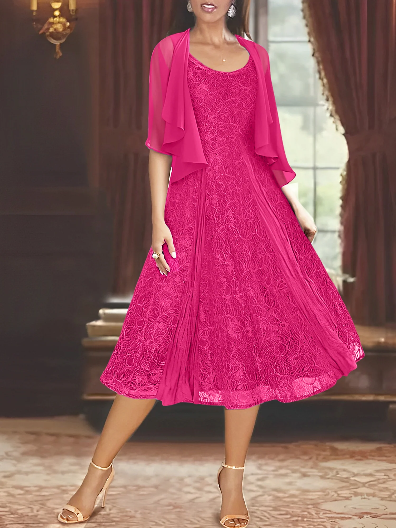 A-Line/Princess Scoop Half Sleeves Tea-Length Mother of the Bride Dresses with Appliques & Wrap - Image 31