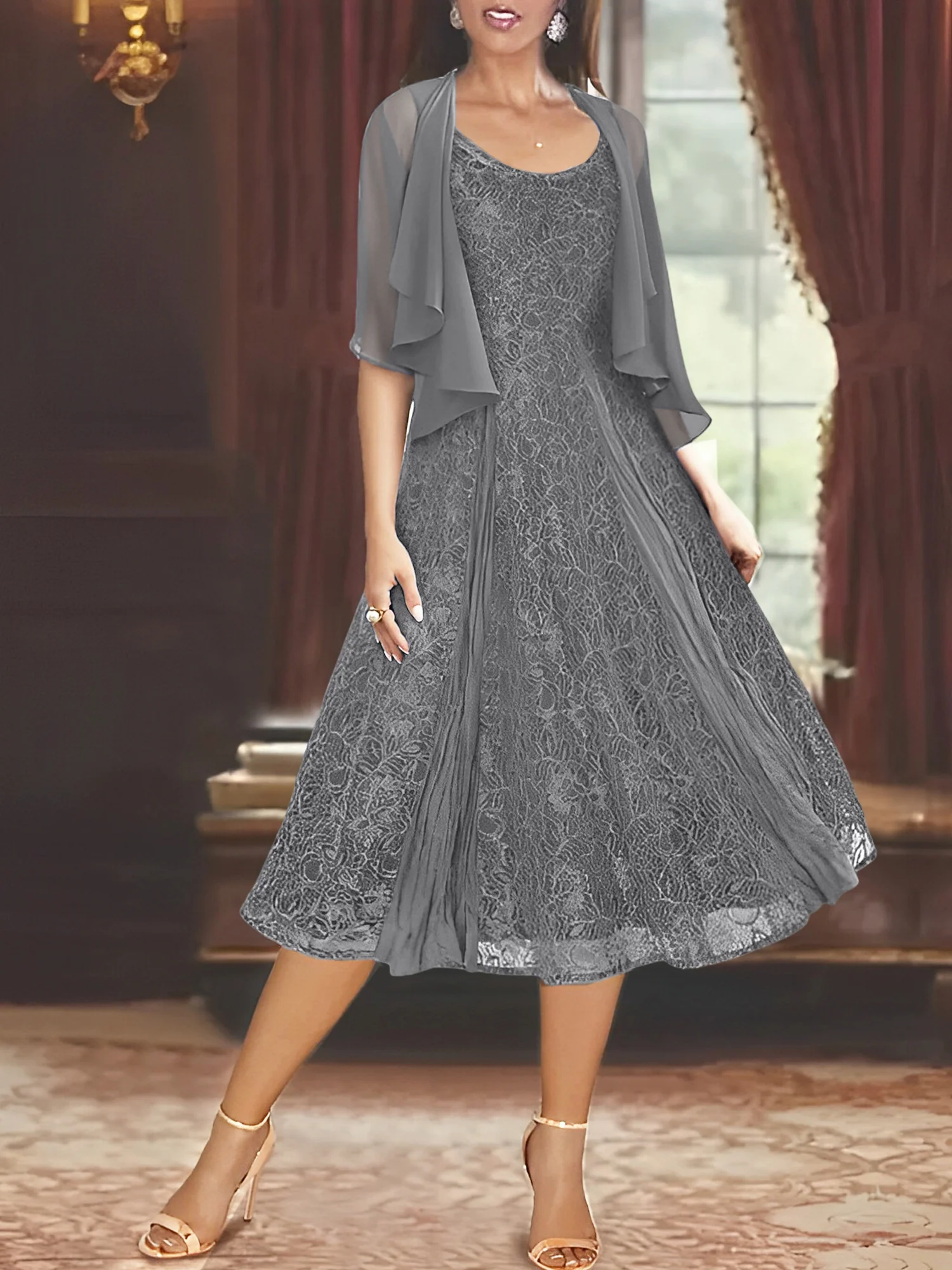 A-Line/Princess Scoop Half Sleeves Tea-Length Mother of the Bride Dresses with Appliques & Wrap - Image 34