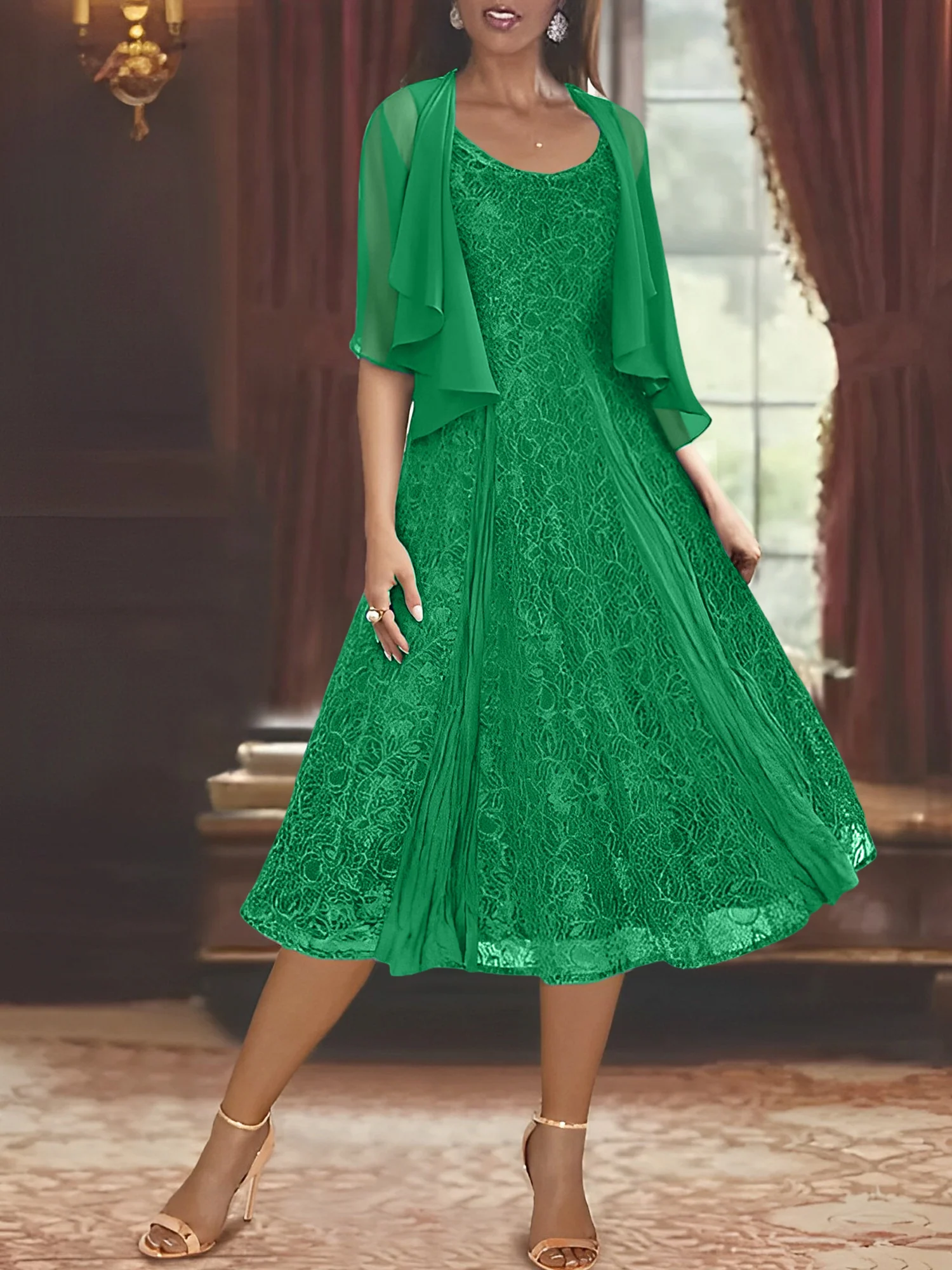 A-Line/Princess Scoop Half Sleeves Tea-Length Mother of the Bride Dresses with Appliques & Wrap - Image 35