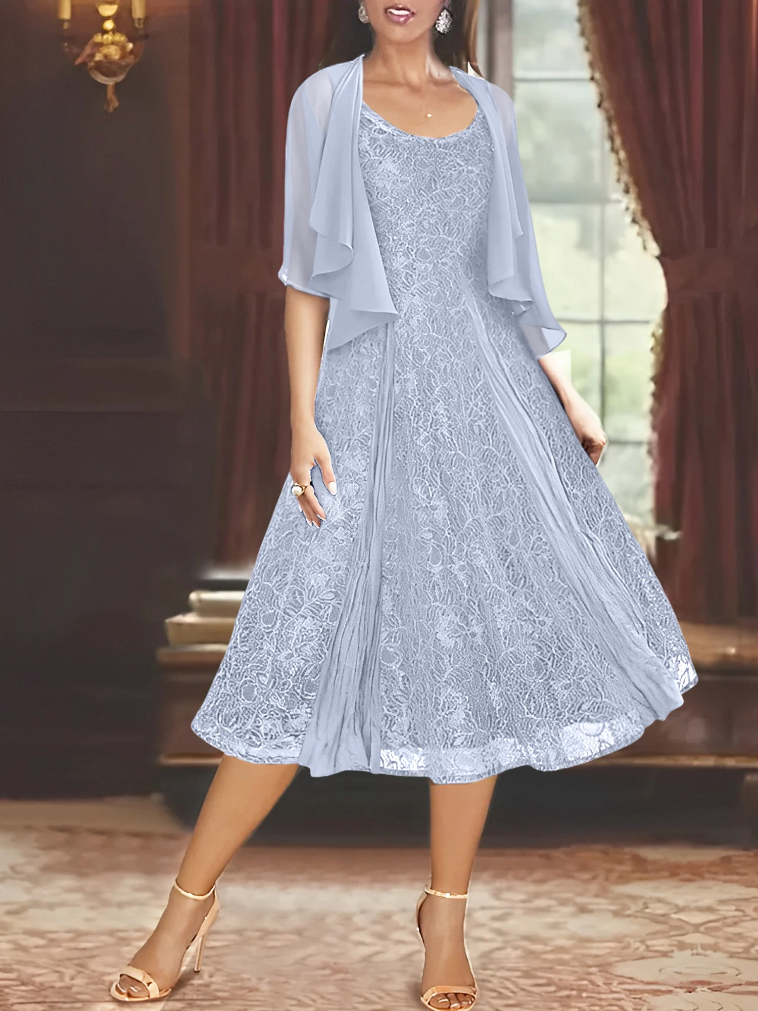 A-Line/Princess Scoop Half Sleeves Tea-Length Mother of the Bride Dresses with Appliques & Wrap - Image 37