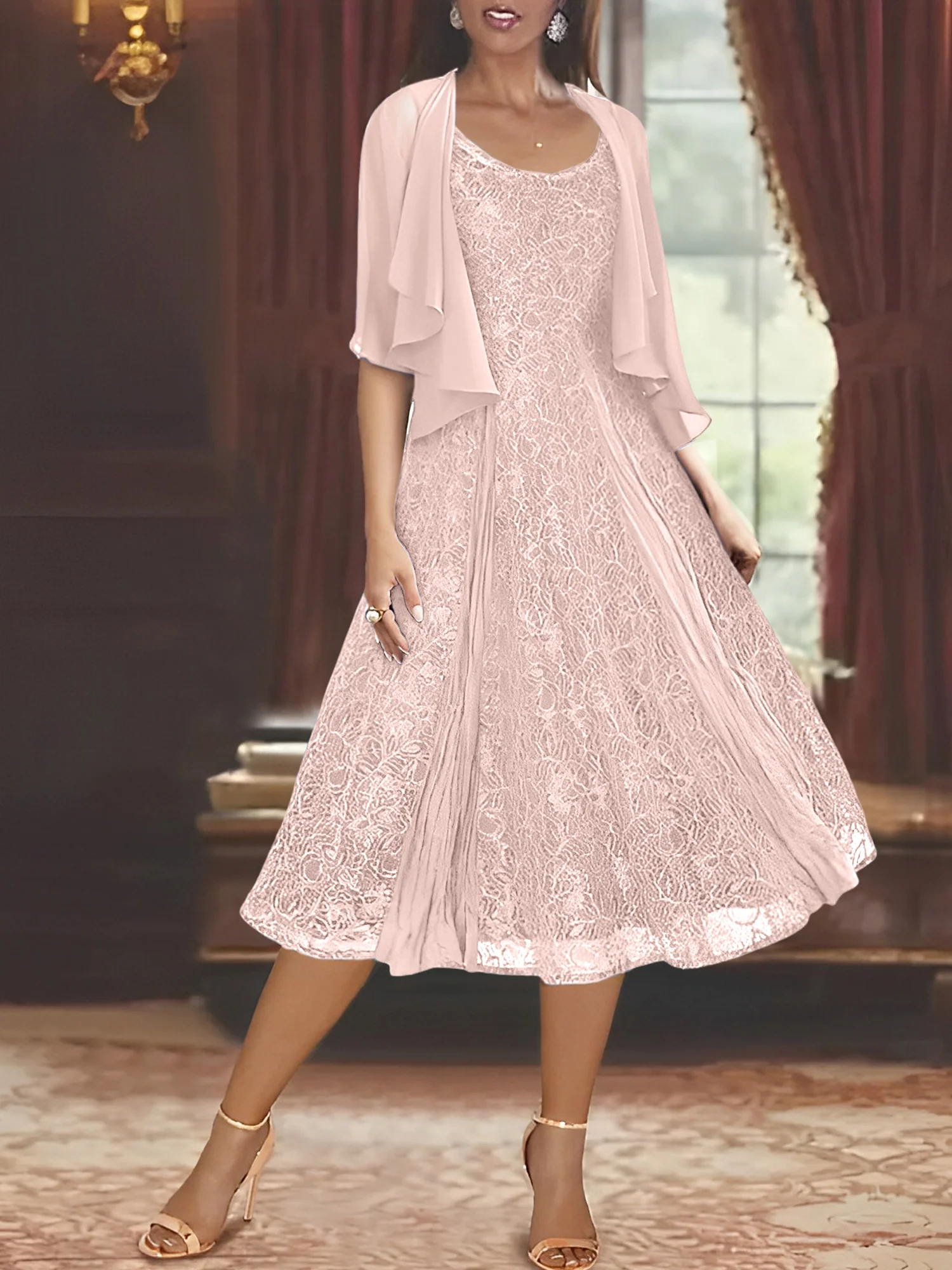 A-Line/Princess Scoop Half Sleeves Tea-Length Mother of the Bride Dresses with Appliques & Wrap - Image 38