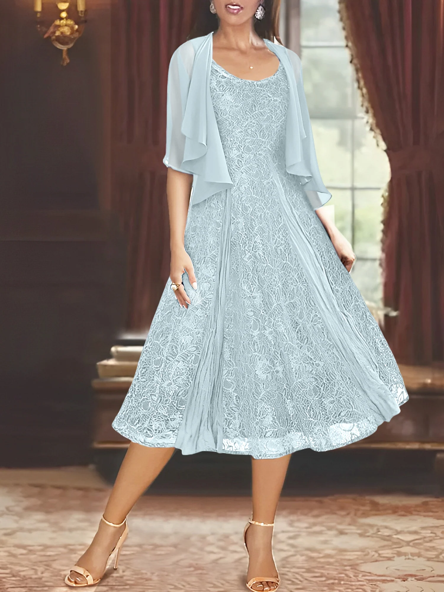 A-Line/Princess Scoop Half Sleeves Tea-Length Mother of the Bride Dresses with Appliques & Wrap - Image 39