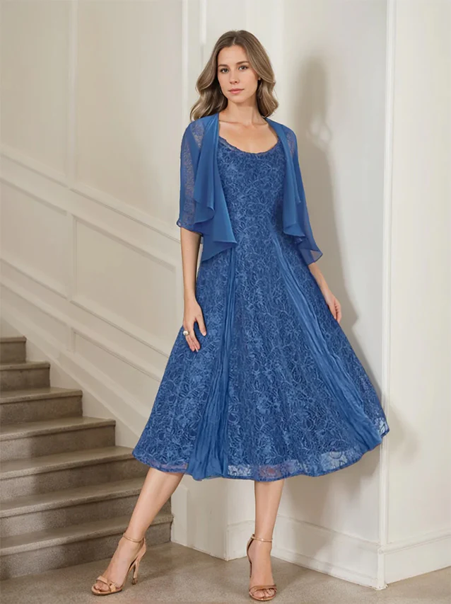 A-Line/Princess Scoop Half Sleeves Tea-Length Mother of the Bride Dresses with Appliques & Wrap - Image 4