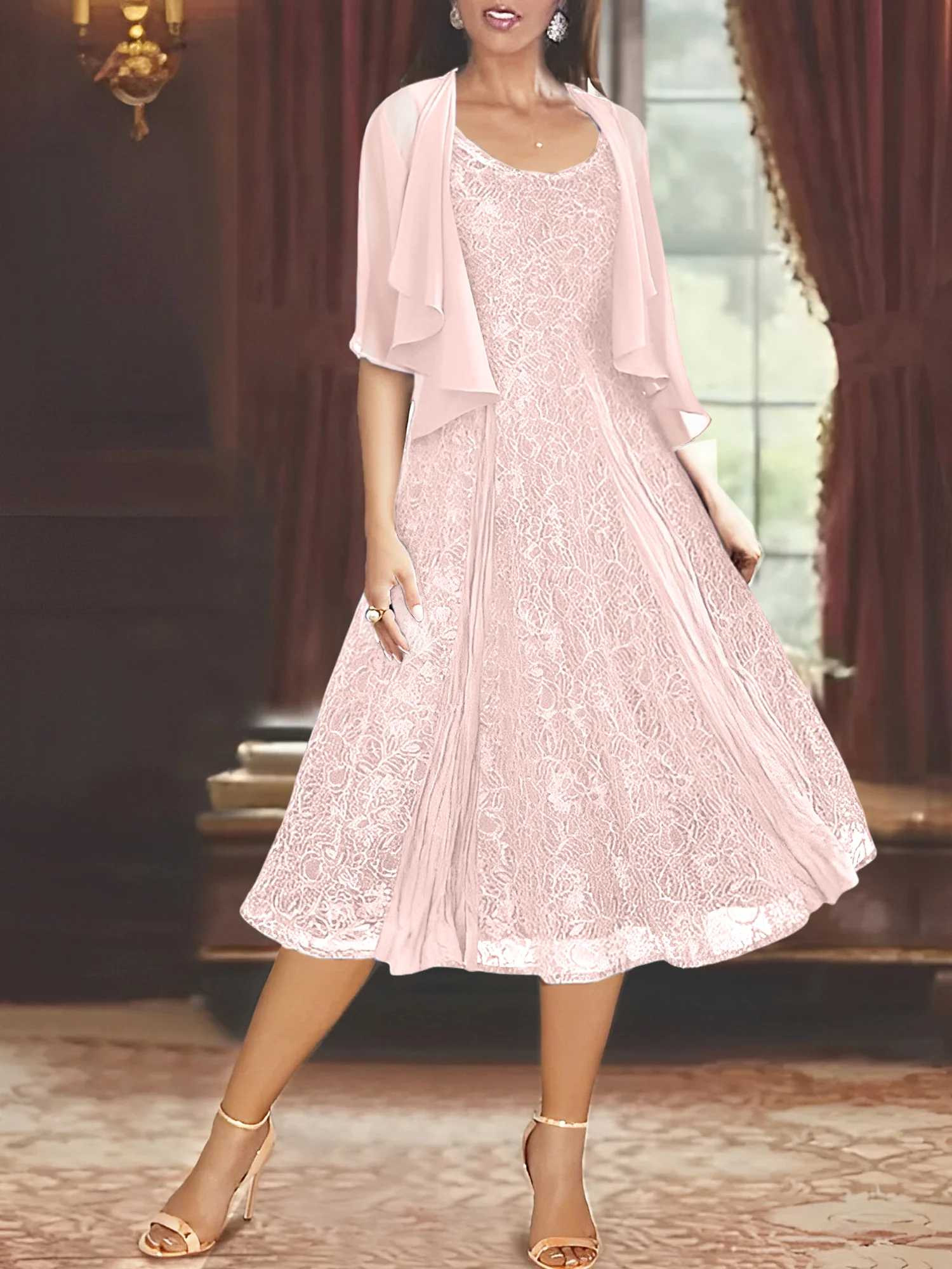 A-Line/Princess Scoop Half Sleeves Tea-Length Mother of the Bride Dresses with Appliques & Wrap - Image 40