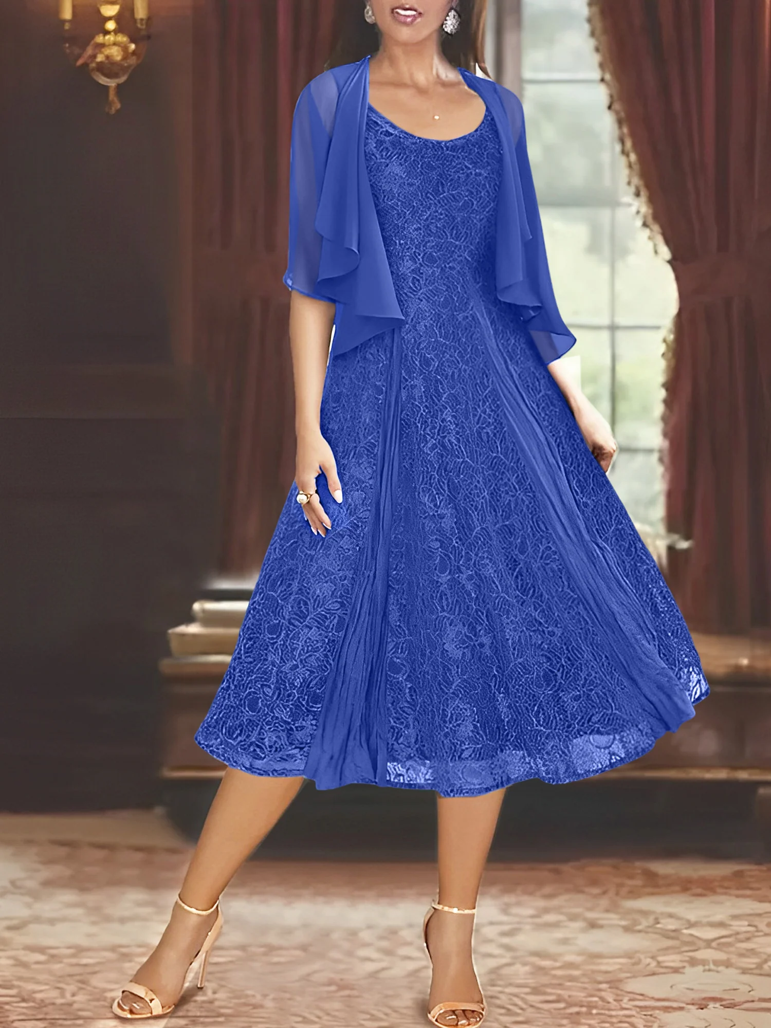 A-Line/Princess Scoop Half Sleeves Tea-Length Mother of the Bride Dresses with Appliques & Wrap - Image 42