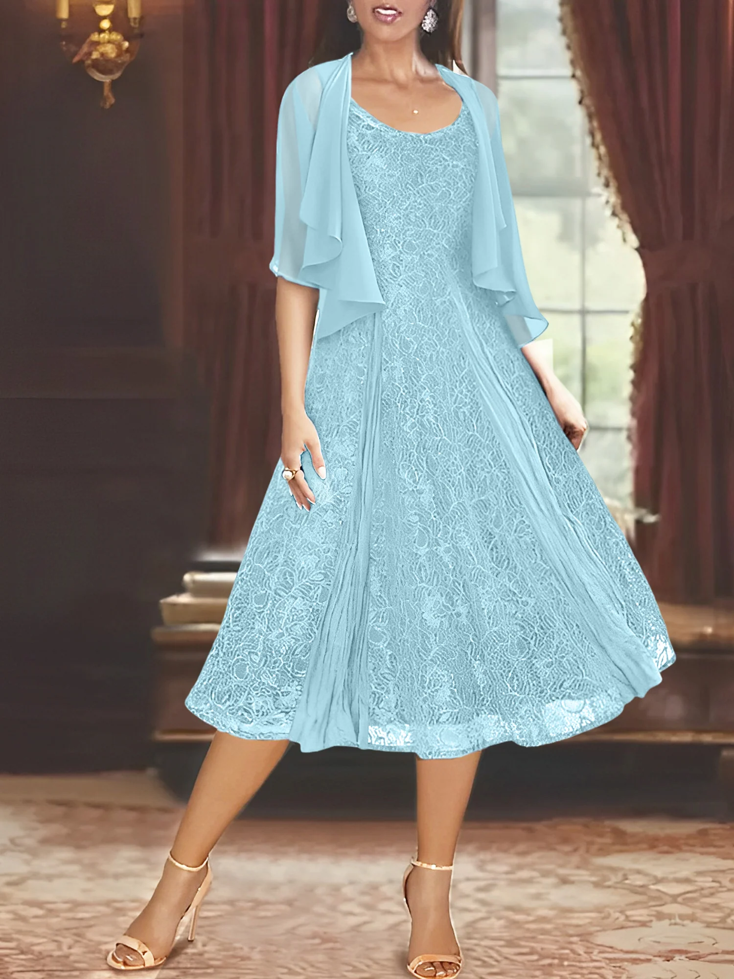 A-Line/Princess Scoop Half Sleeves Tea-Length Mother of the Bride Dresses with Appliques & Wrap - Image 43