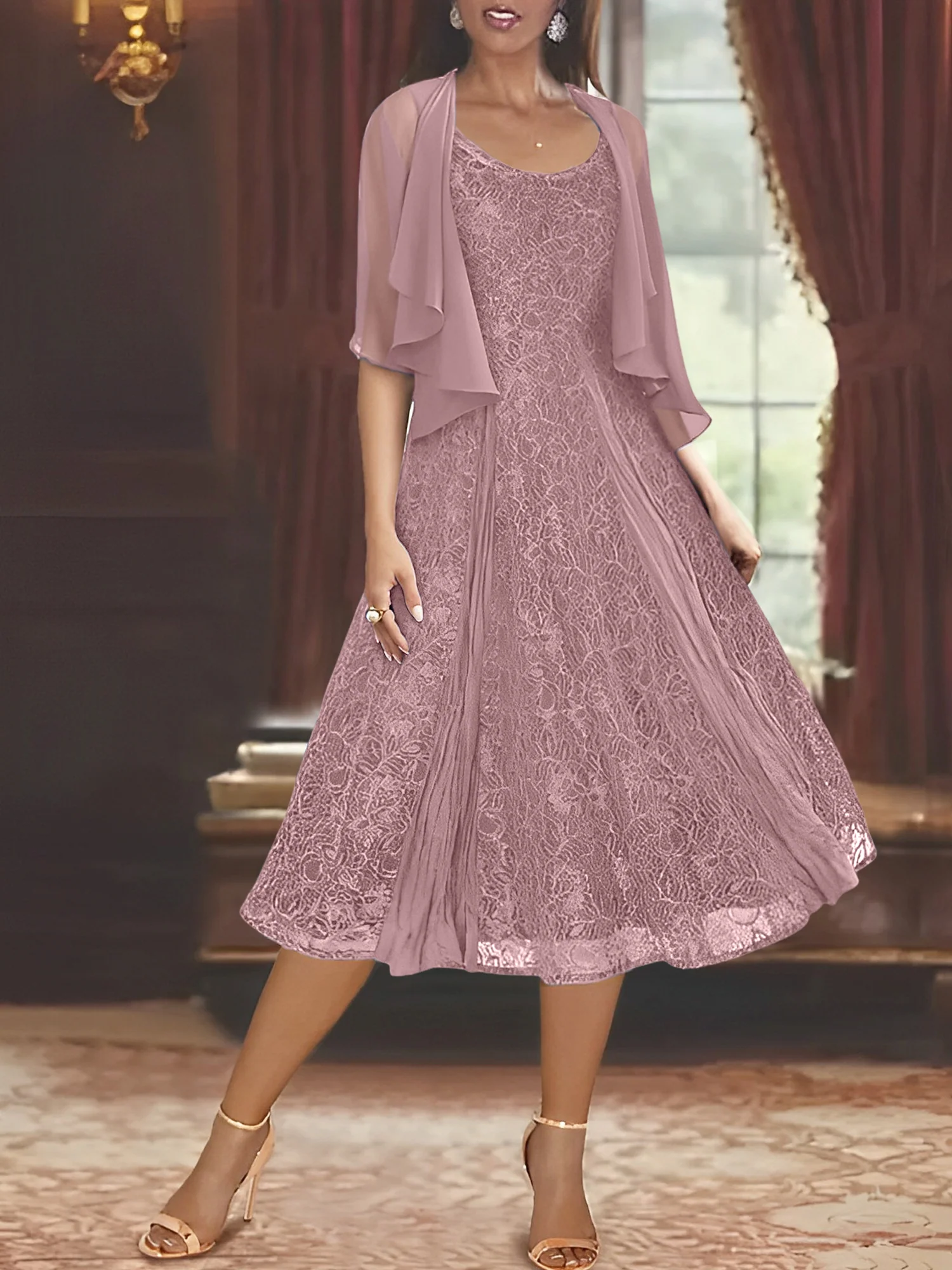 A-Line/Princess Scoop Half Sleeves Tea-Length Mother of the Bride Dresses with Appliques & Wrap - Image 45
