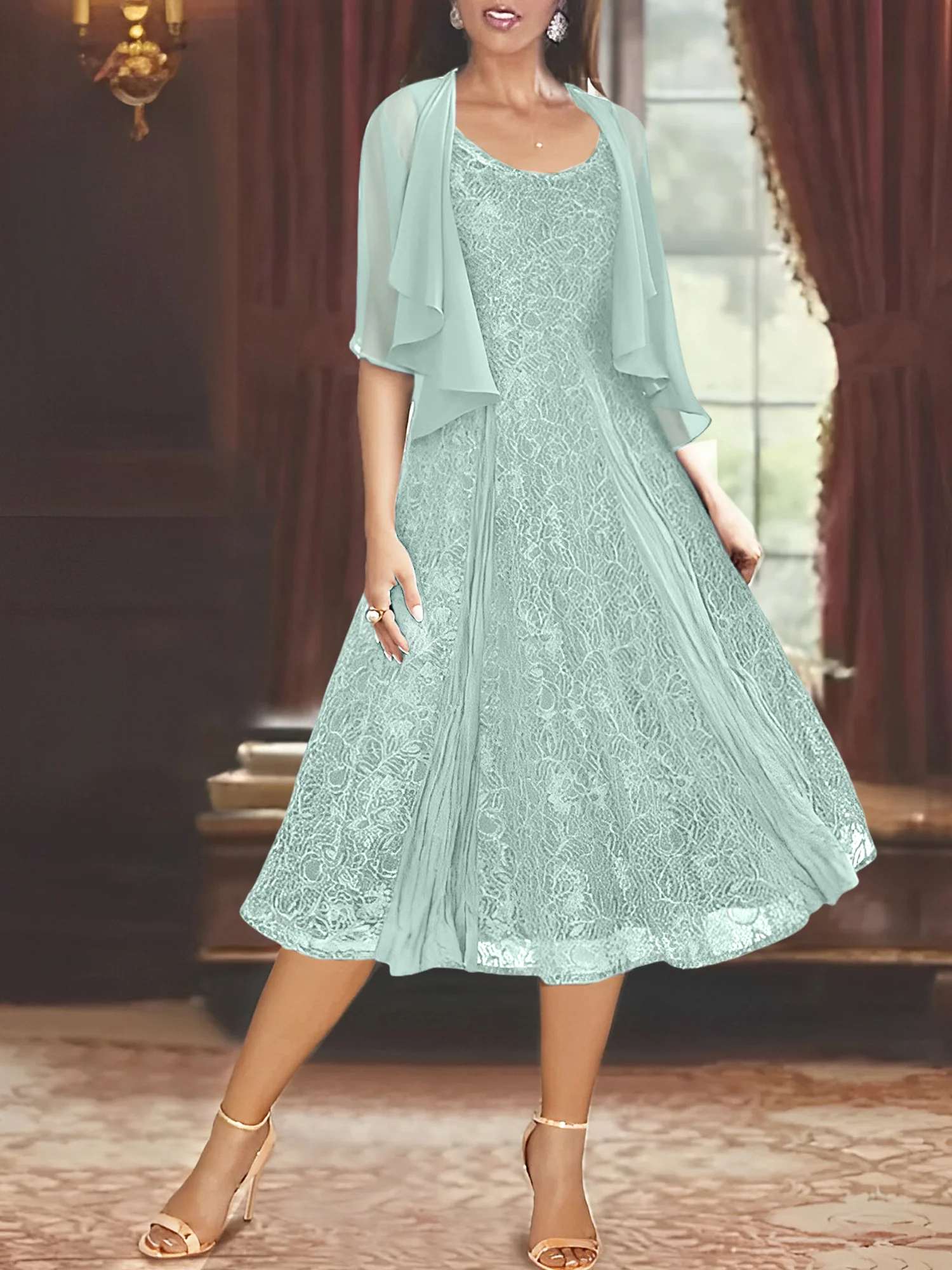 A-Line/Princess Scoop Half Sleeves Tea-Length Mother of the Bride Dresses with Appliques & Wrap - Image 47