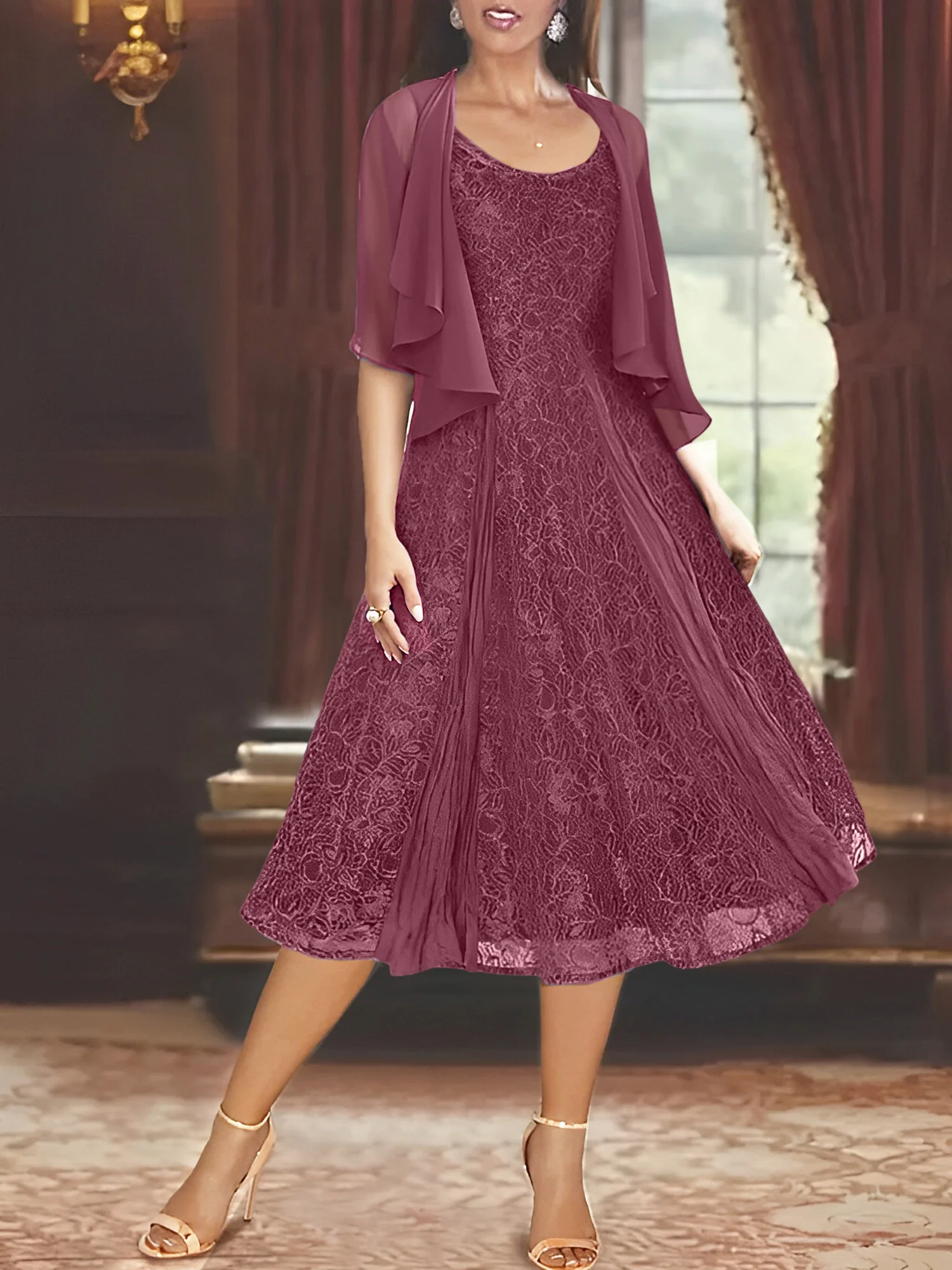 A-Line/Princess Scoop Half Sleeves Tea-Length Mother of the Bride Dresses with Appliques & Wrap - Image 48