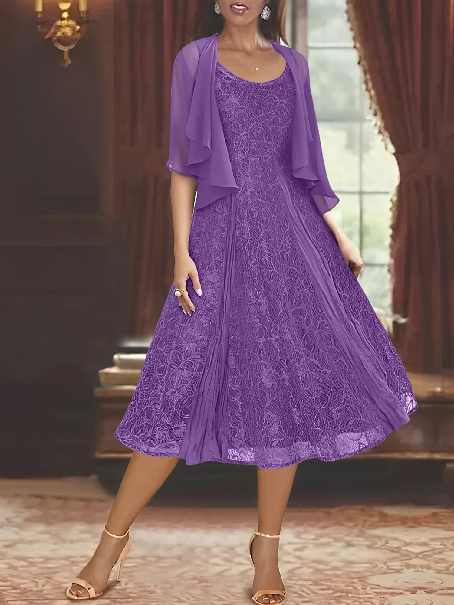 A-Line/Princess Scoop Half Sleeves Tea-Length Mother of the Bride Dresses with Appliques & Wrap - Image 5