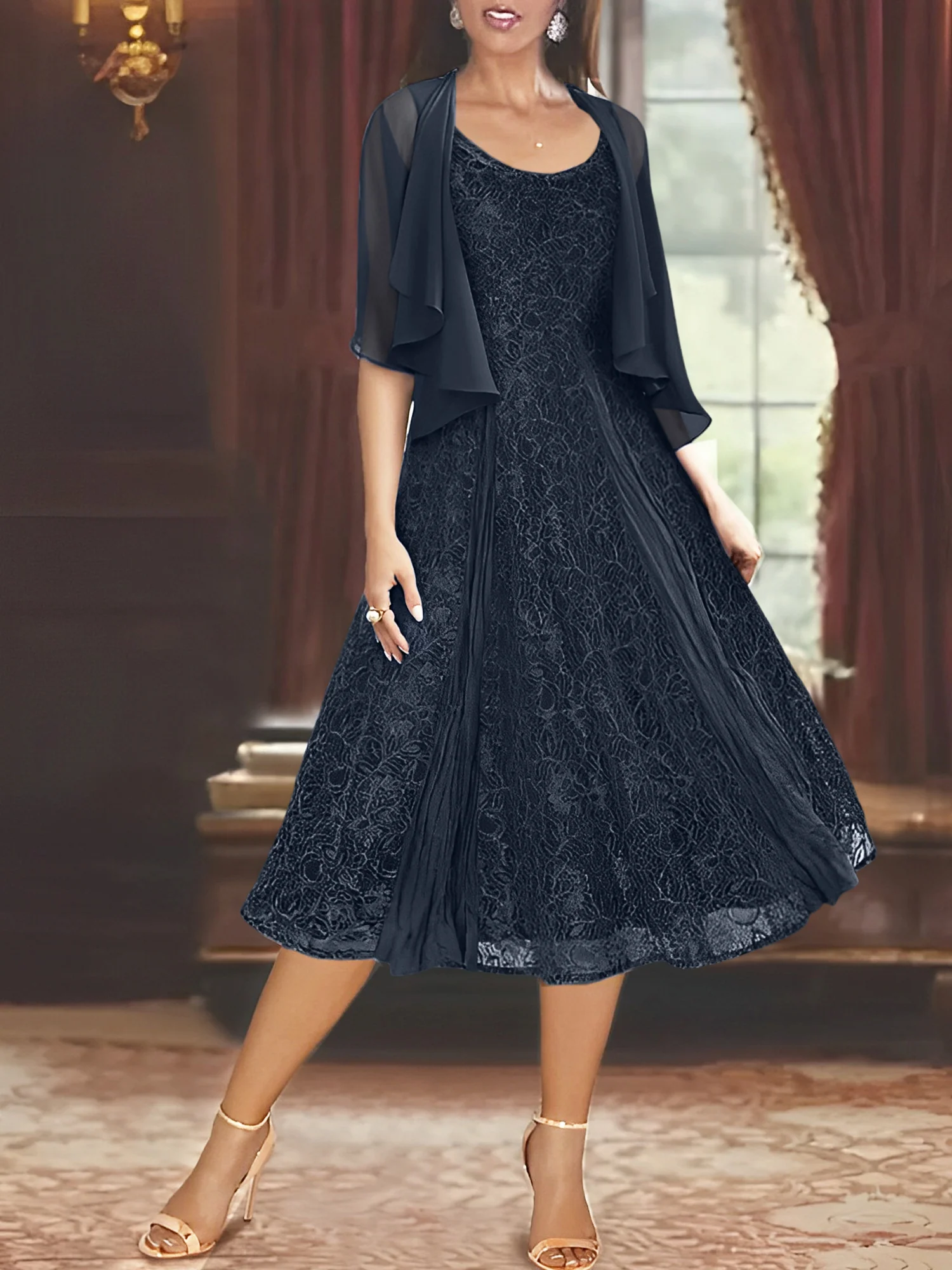 A-Line/Princess Scoop Half Sleeves Tea-Length Mother of the Bride Dresses with Appliques & Wrap - Image 50