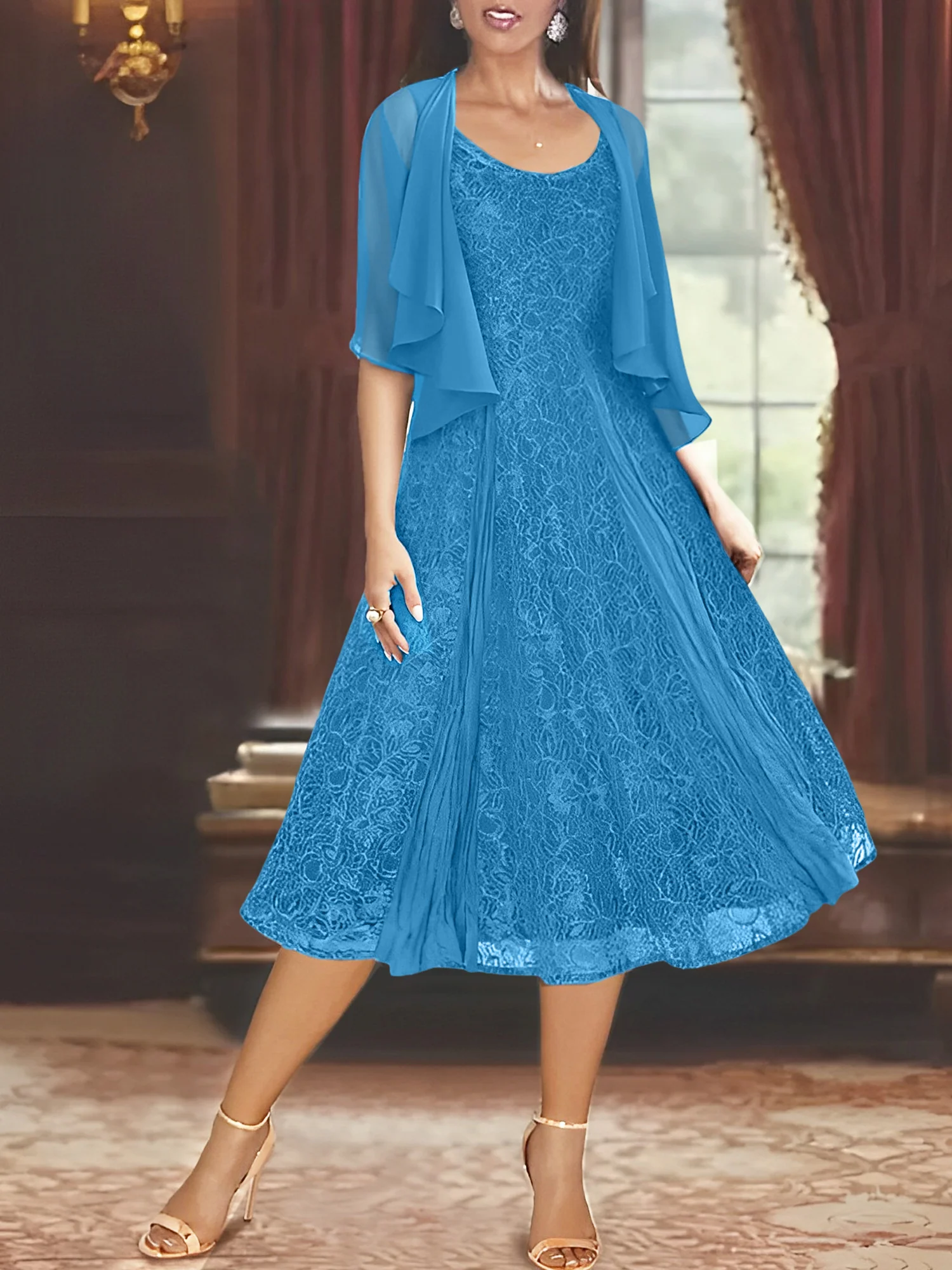A-Line/Princess Scoop Half Sleeves Tea-Length Mother of the Bride Dresses with Appliques & Wrap - Image 51