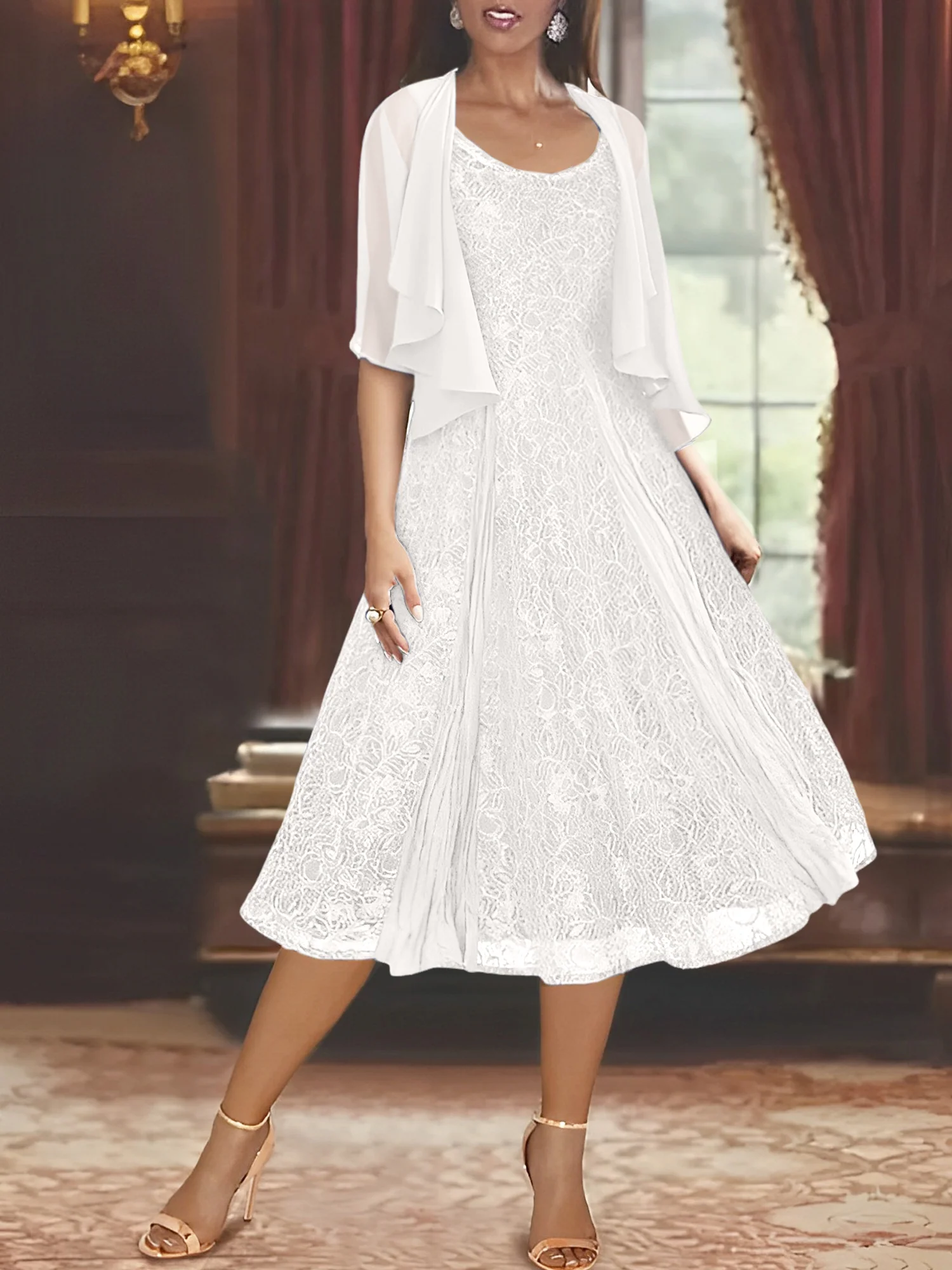 A-Line/Princess Scoop Half Sleeves Tea-Length Mother of the Bride Dresses with Appliques & Wrap - Image 52