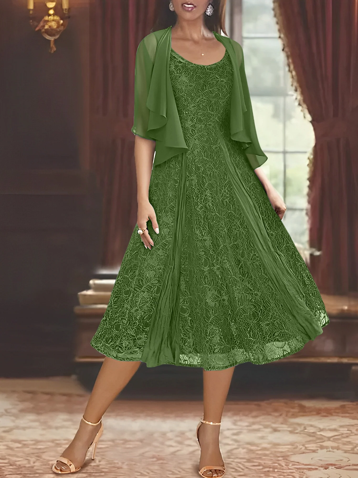 A-Line/Princess Scoop Half Sleeves Tea-Length Mother of the Bride Dresses with Appliques & Wrap - Image 53