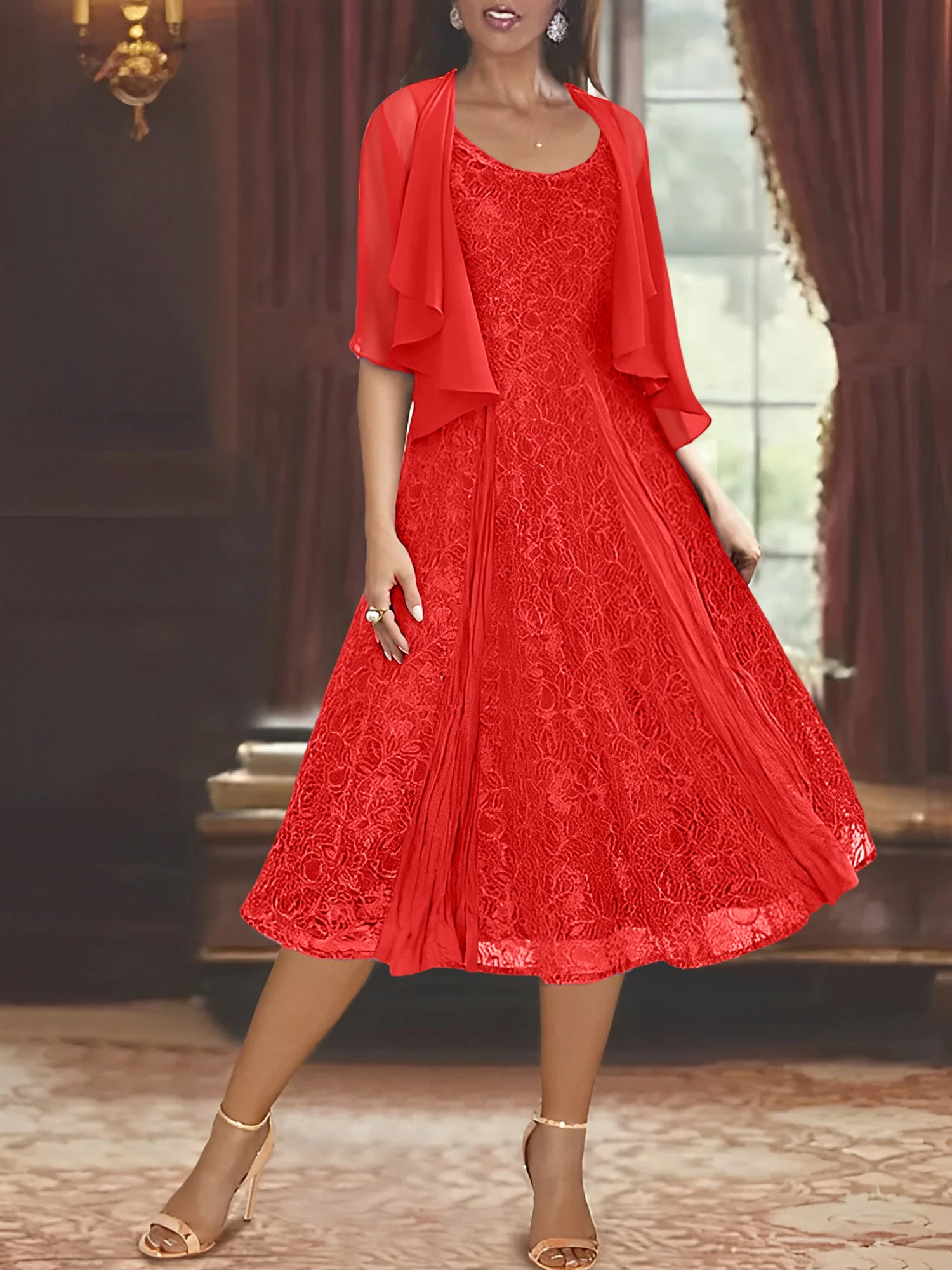 A-Line/Princess Scoop Half Sleeves Tea-Length Mother of the Bride Dresses with Appliques & Wrap - Image 59