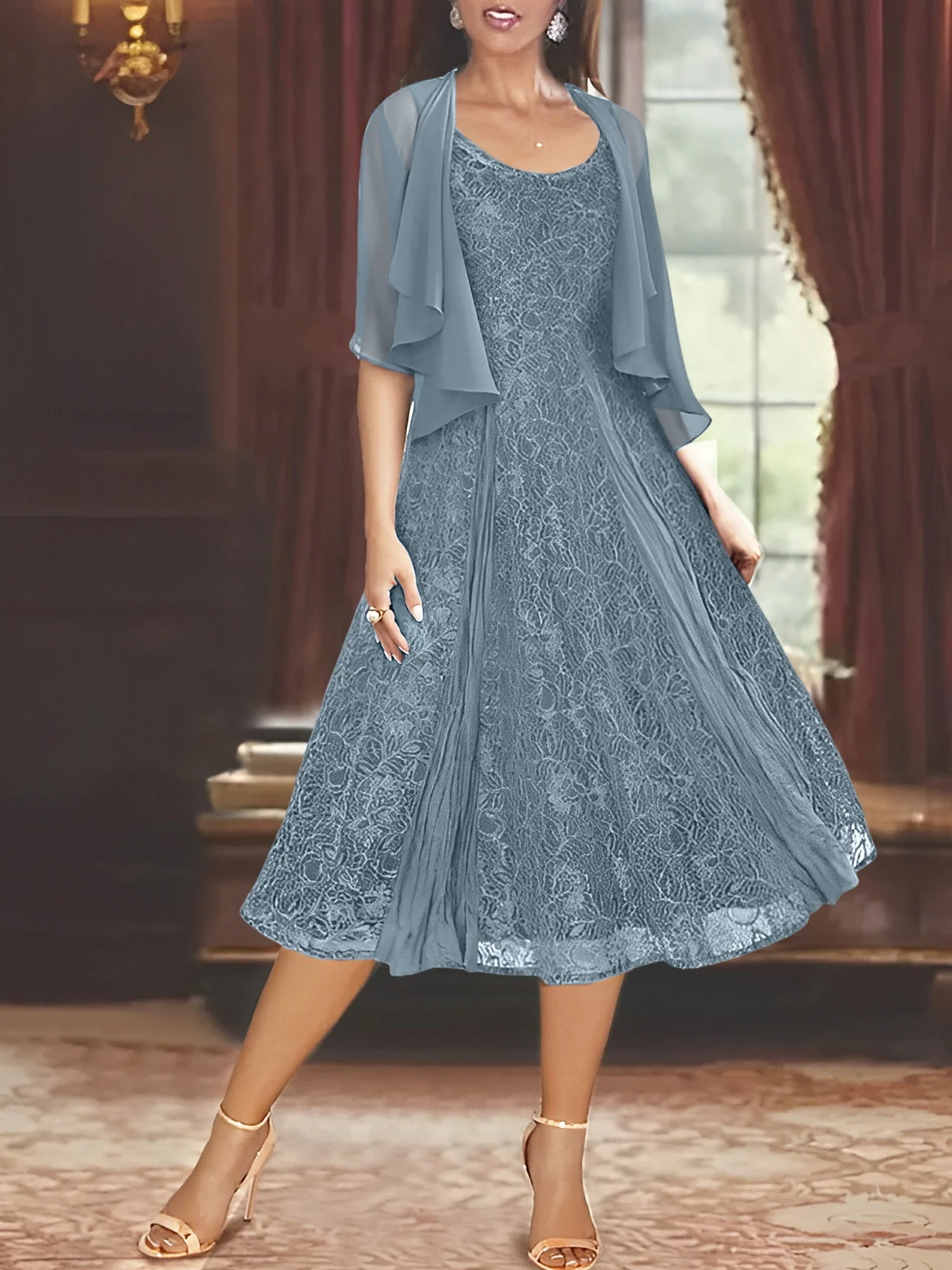 A-Line/Princess Scoop Half Sleeves Tea-Length Mother of the Bride Dresses with Appliques & Wrap - Image 6