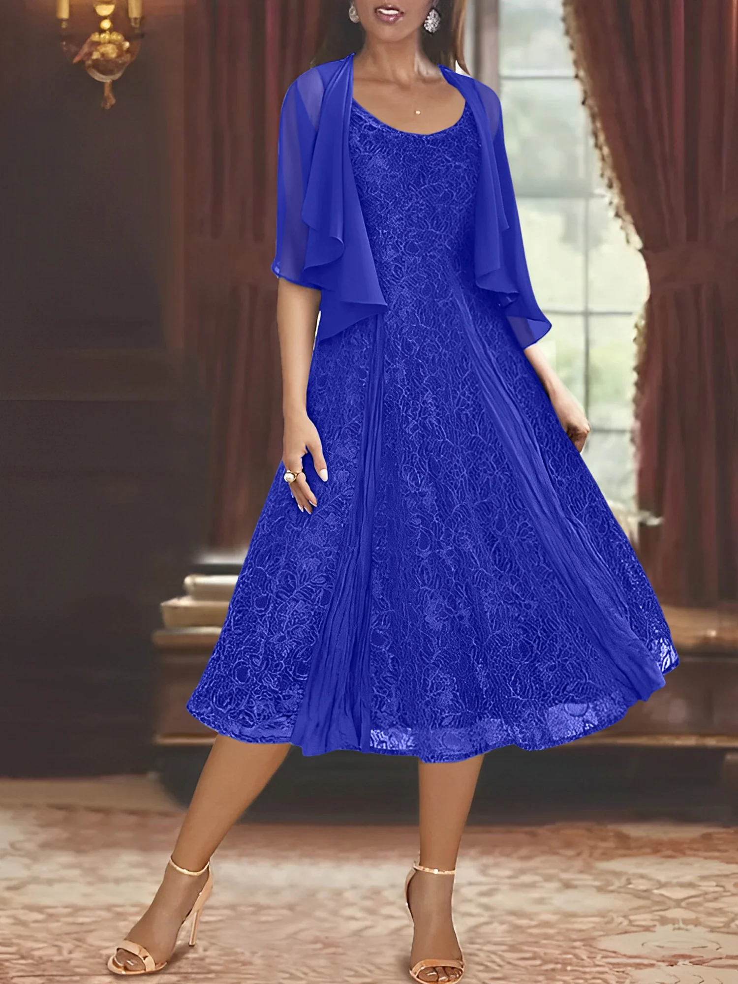 A-Line/Princess Scoop Half Sleeves Tea-Length Mother of the Bride Dresses with Appliques & Wrap - Image 60