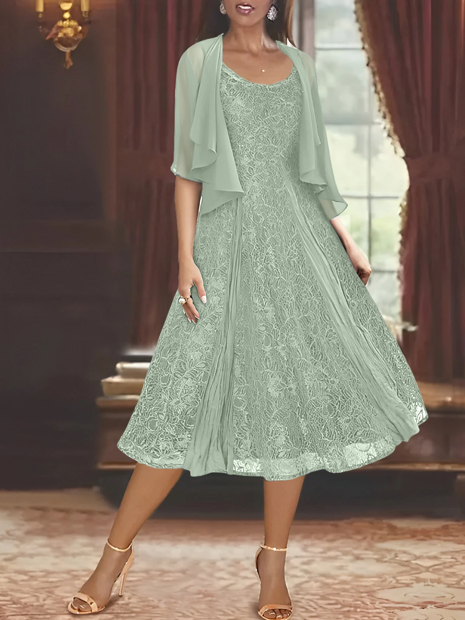 A-Line/Princess Scoop Half Sleeves Tea-Length Mother of the Bride Dresses with Appliques & Wrap - Image 62
