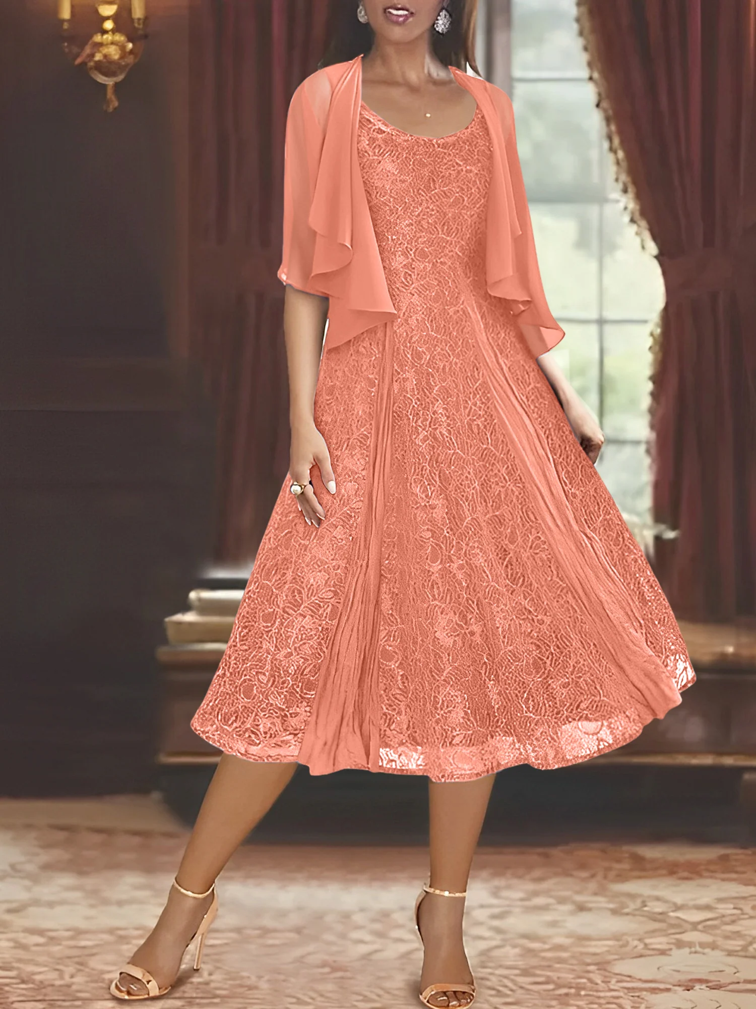 A-Line/Princess Scoop Half Sleeves Tea-Length Mother of the Bride Dresses with Appliques & Wrap - Image 63