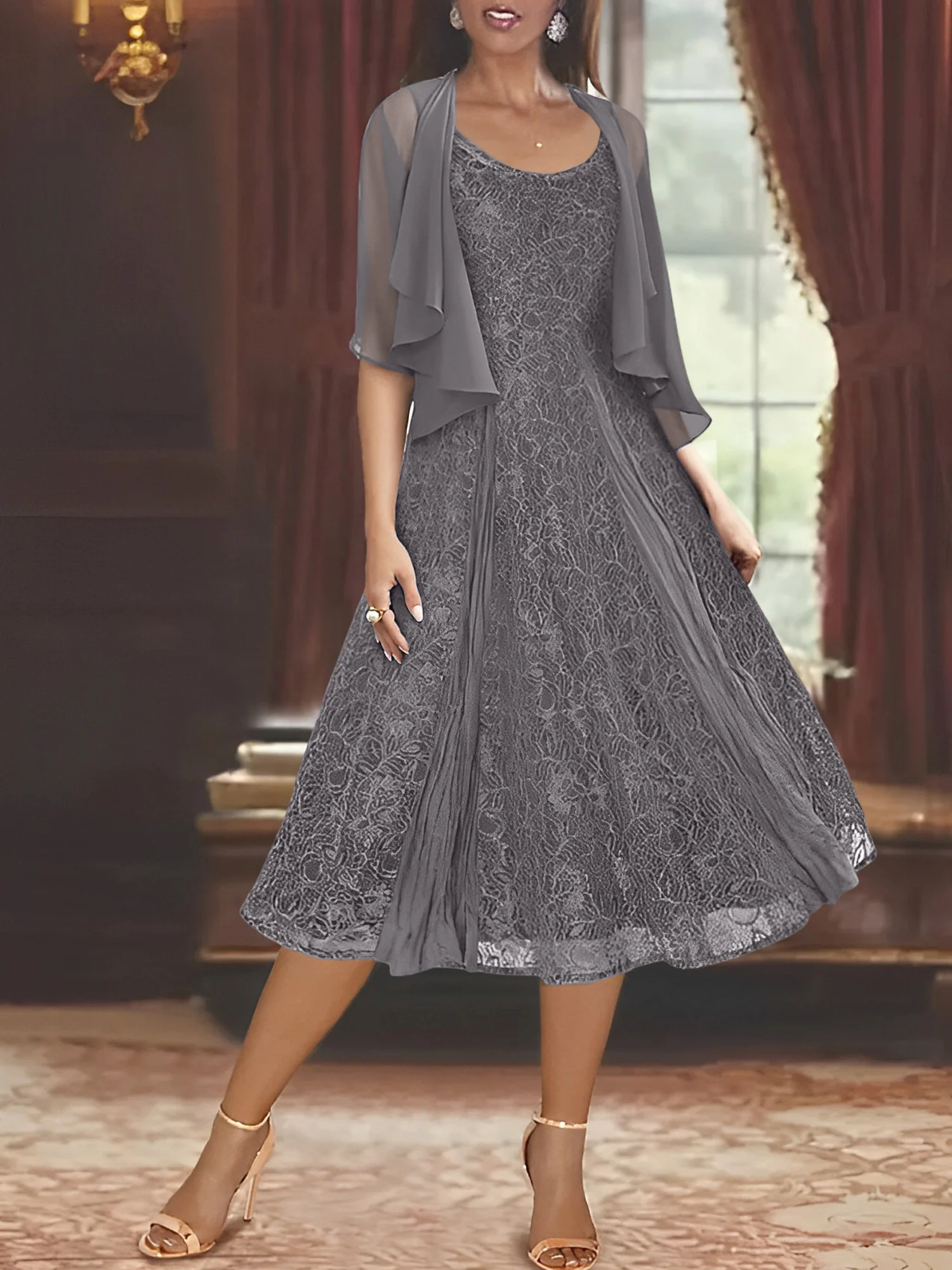 A-Line/Princess Scoop Half Sleeves Tea-Length Mother of the Bride Dresses with Appliques & Wrap - Image 65
