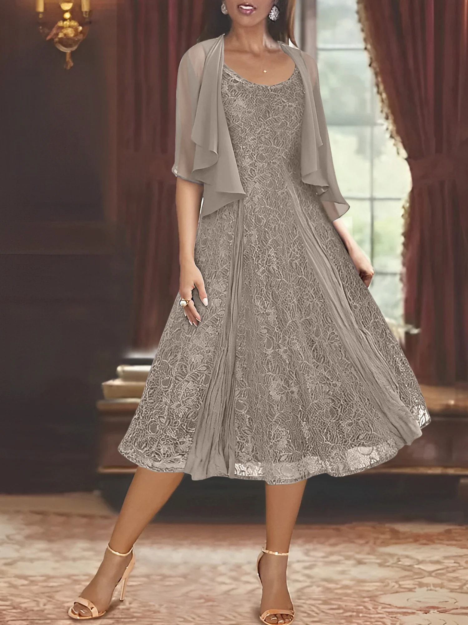 A-Line/Princess Scoop Half Sleeves Tea-Length Mother of the Bride Dresses with Appliques & Wrap - Image 68