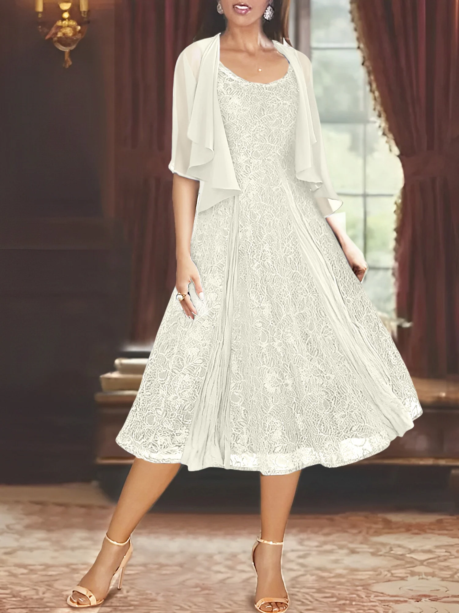 A-Line/Princess Scoop Half Sleeves Tea-Length Mother of the Bride Dresses with Appliques & Wrap - Image 7