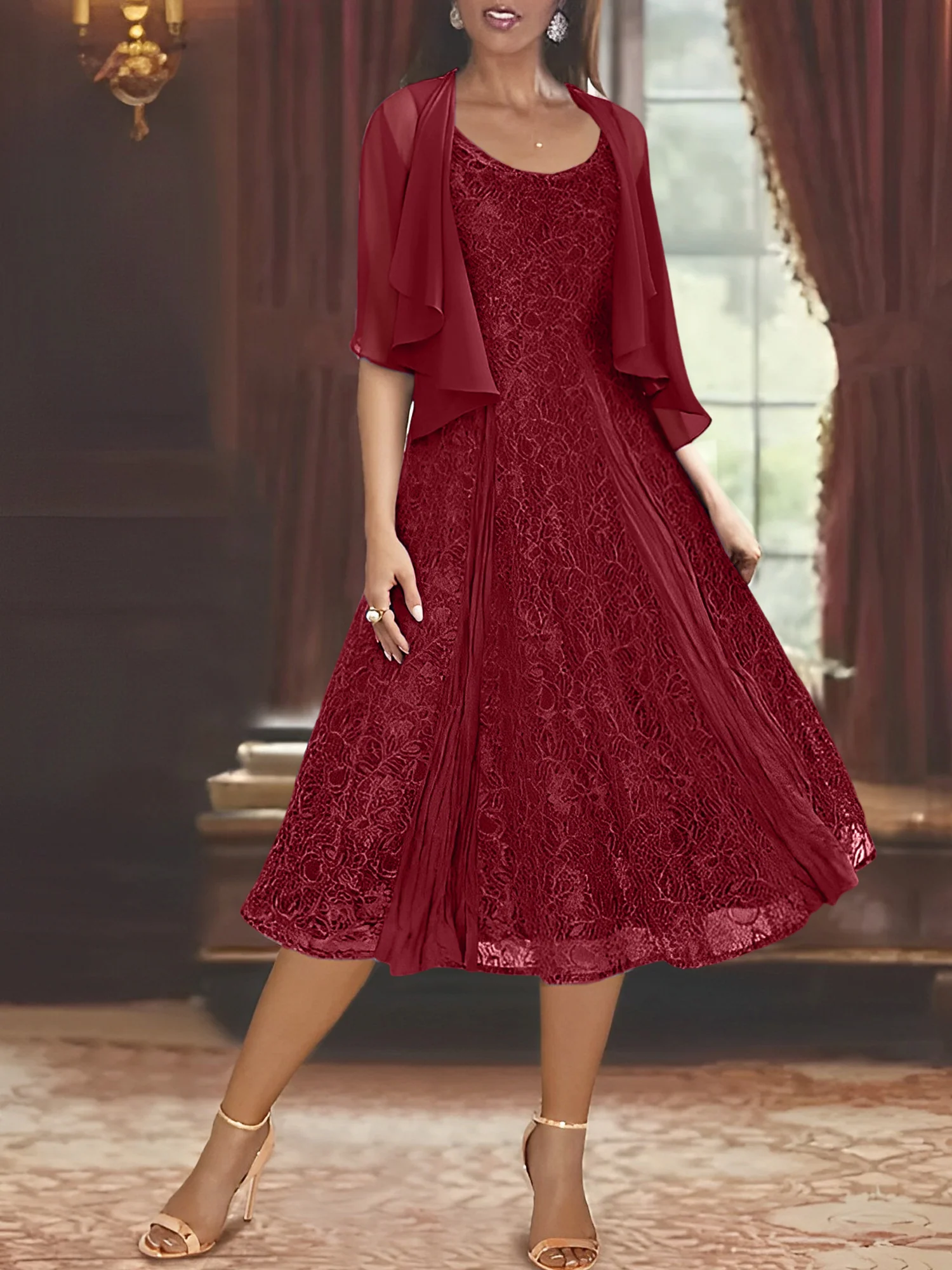 A-Line/Princess Scoop Half Sleeves Tea-Length Mother of the Bride Dresses with Appliques & Wrap - Image 72