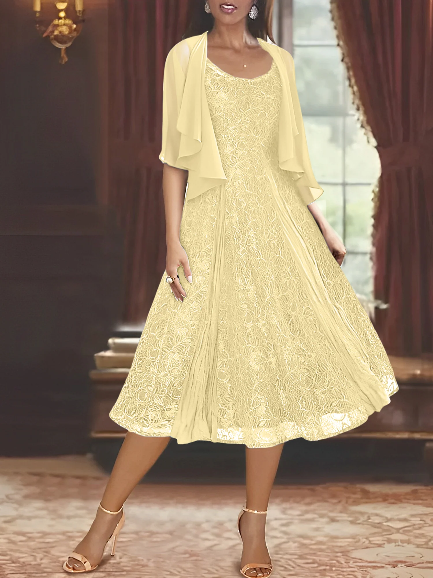 A-Line/Princess Scoop Half Sleeves Tea-Length Mother of the Bride Dresses with Appliques & Wrap - Image 74